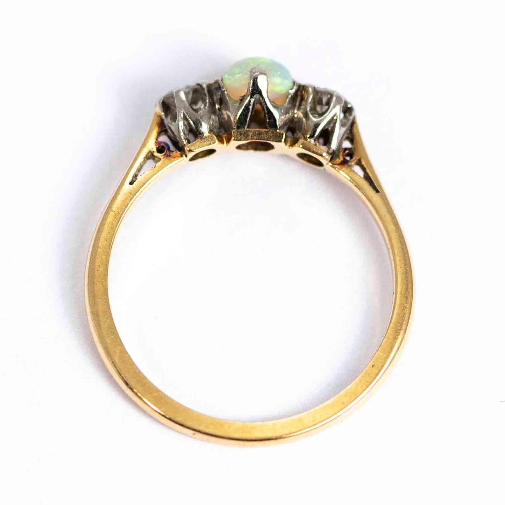 Vintage 18 Carat Gold and Platinum Opal and Diamond Three-Stone Ring 1