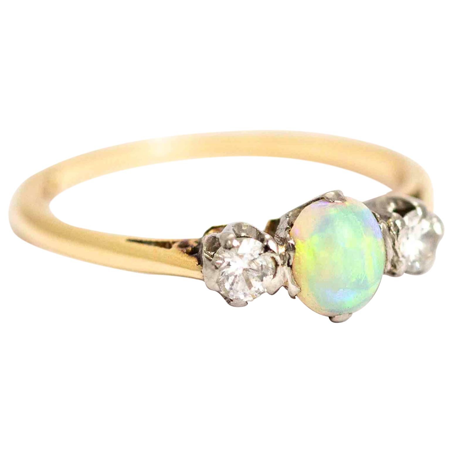 Vintage 18 Carat Gold and Platinum Opal and Diamond Three-Stone Ring