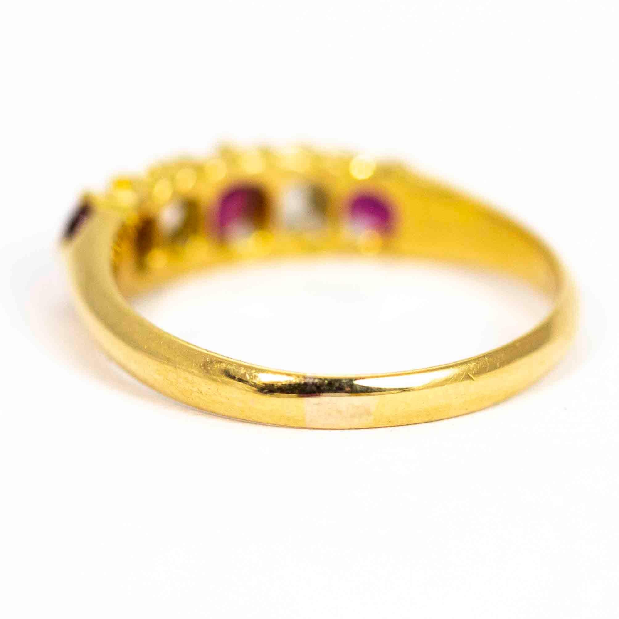 Round Cut Vintage 18 Carat Gold Ruby and Diamond Five-Stone Ring
