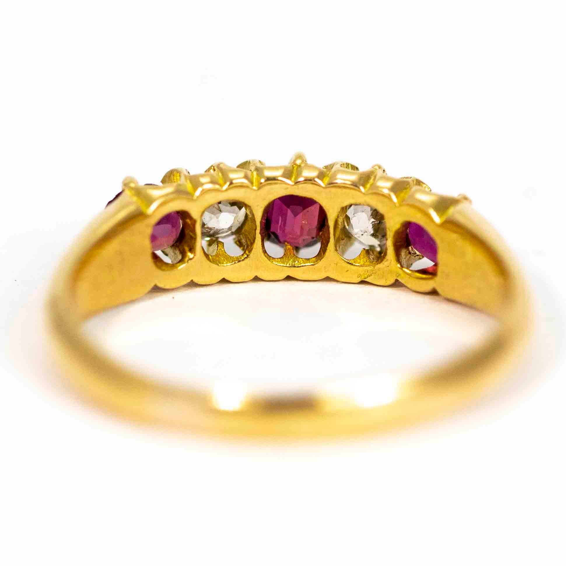 Vintage 18 Carat Gold Ruby and Diamond Five-Stone Ring In Good Condition In Chipping Campden, GB