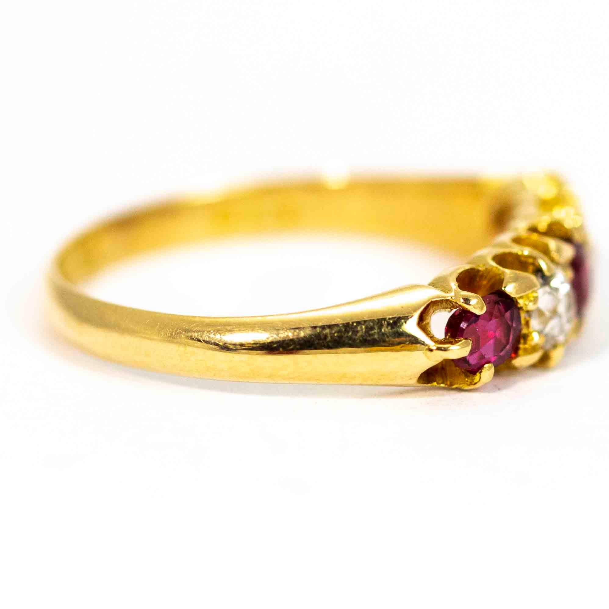 Women's or Men's Vintage 18 Carat Gold Ruby and Diamond Five-Stone Ring
