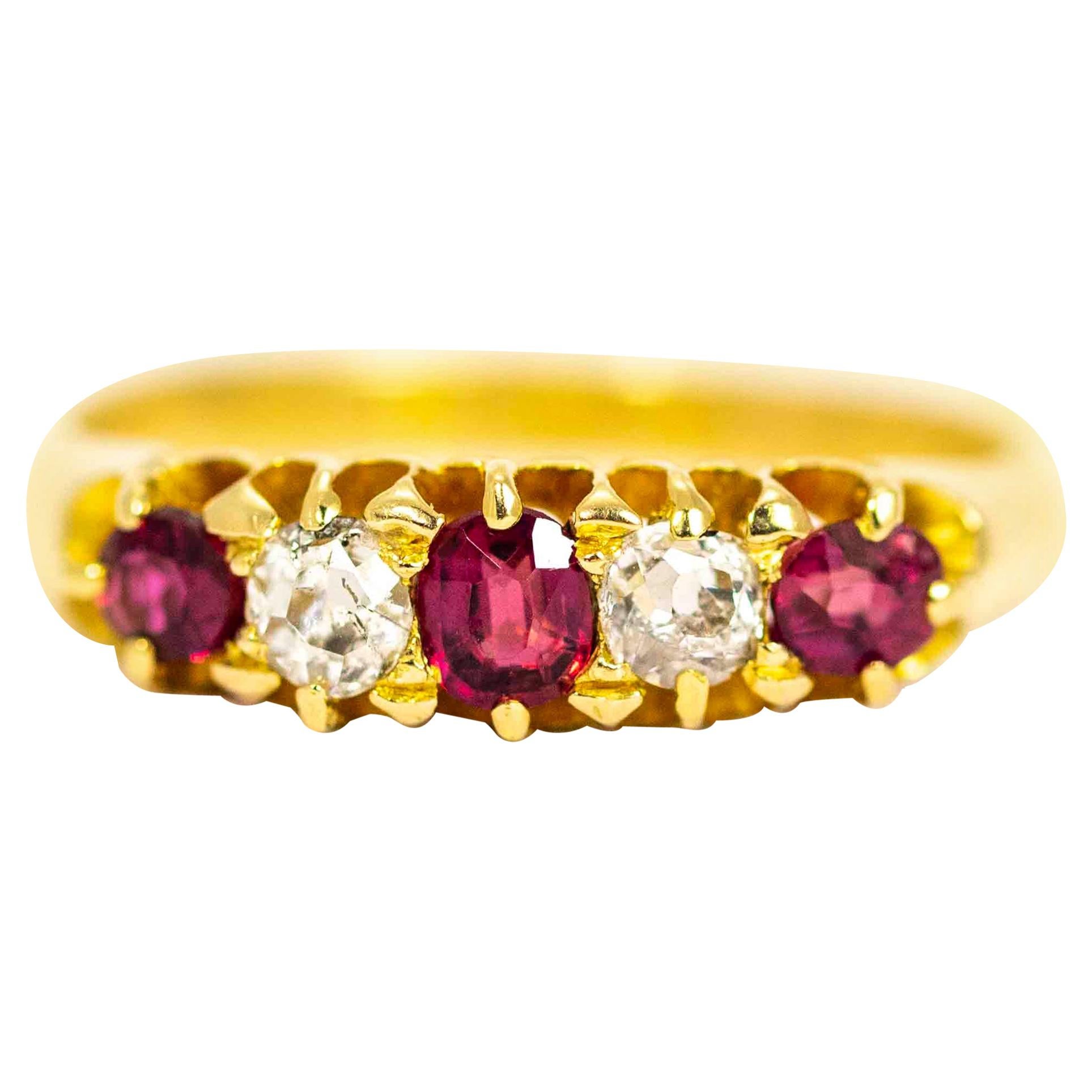Vintage 18 Carat Gold Ruby and Diamond Five-Stone Ring