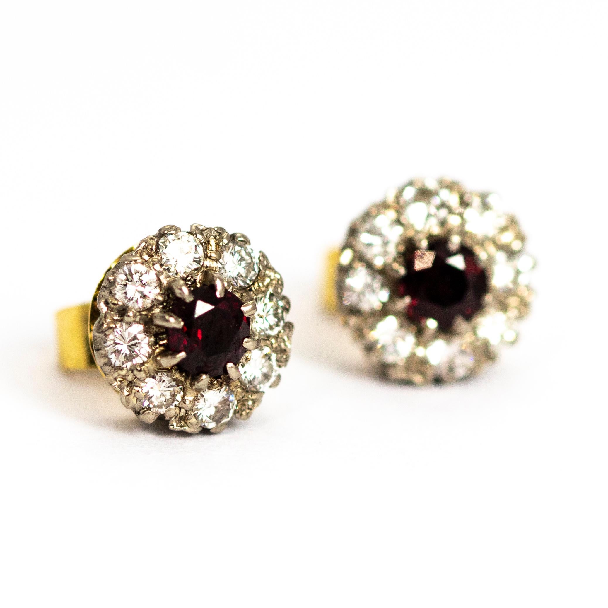 Vintage 18 Carat Gold Ruby and Diamond Cluster Earrings 1