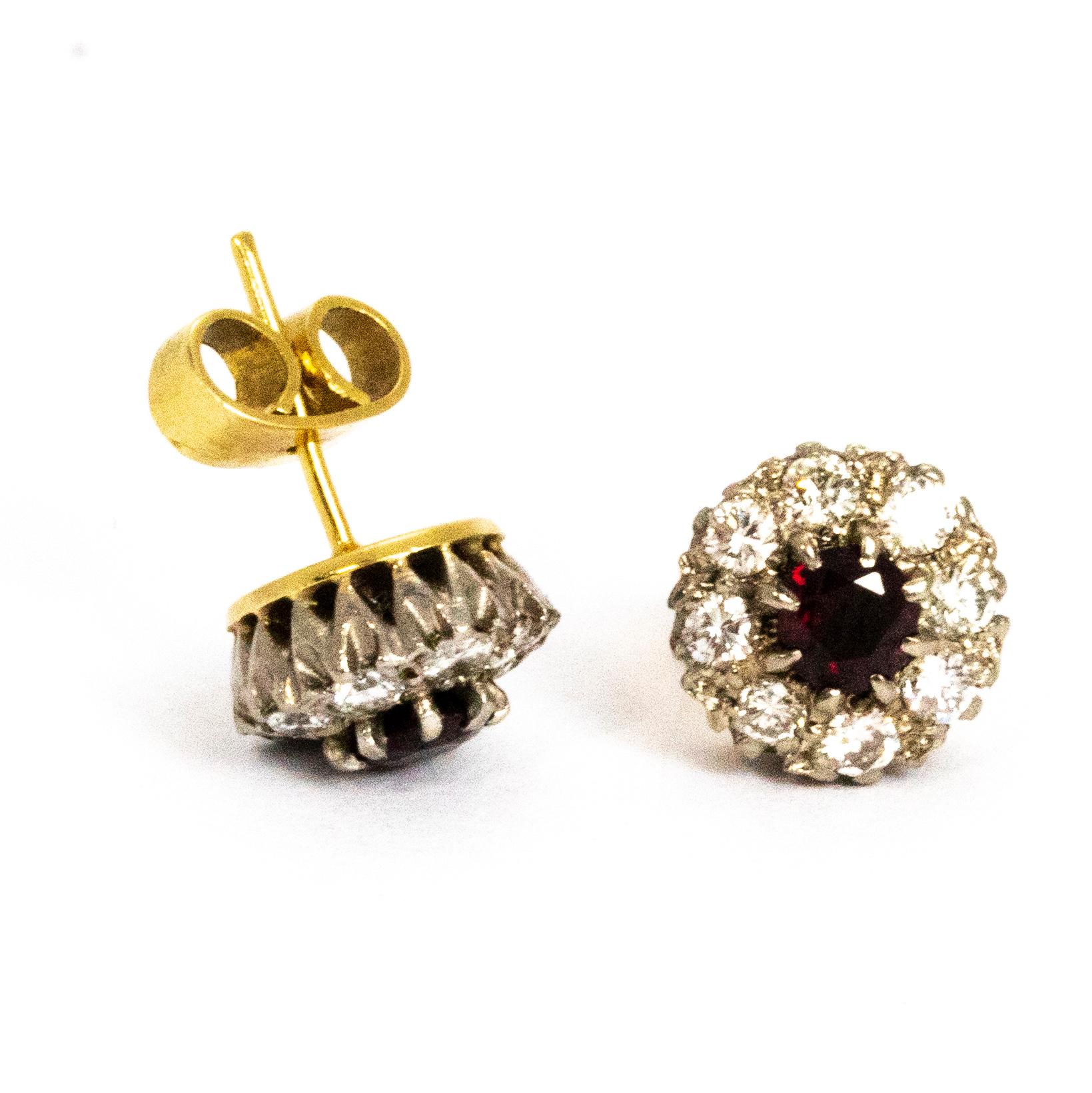 Vintage 18 Carat Gold Ruby and Diamond Cluster Earrings 2