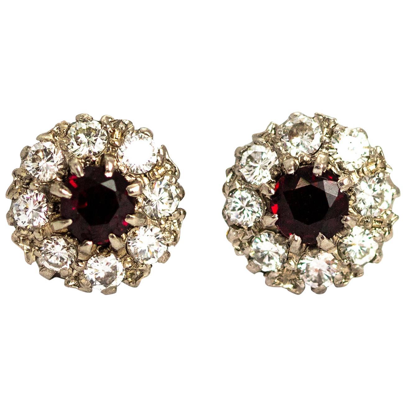 Vintage 18 Carat Gold Ruby and Diamond Cluster Earrings