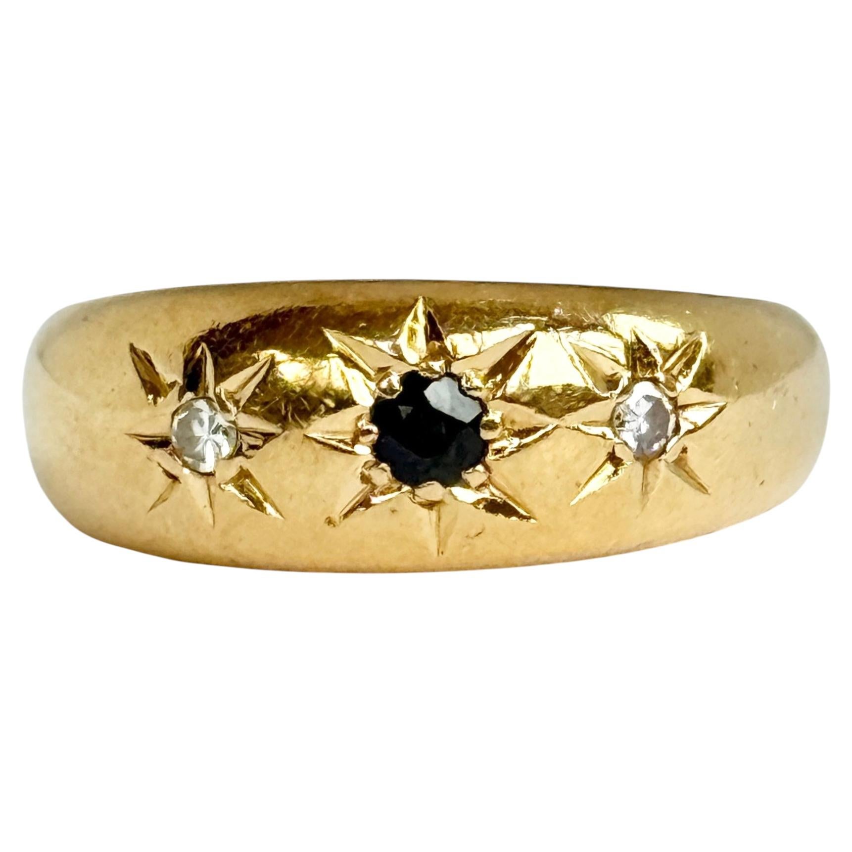 Vintage 18 Carat Gold Sapphire and Diamond Three Stone Star Setting Ring