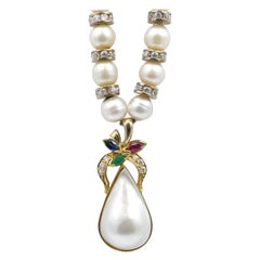Vintage 18 Carat Pearl, Sapphire, Emerald, Ruby Necklace with Mabe Pearl Drop