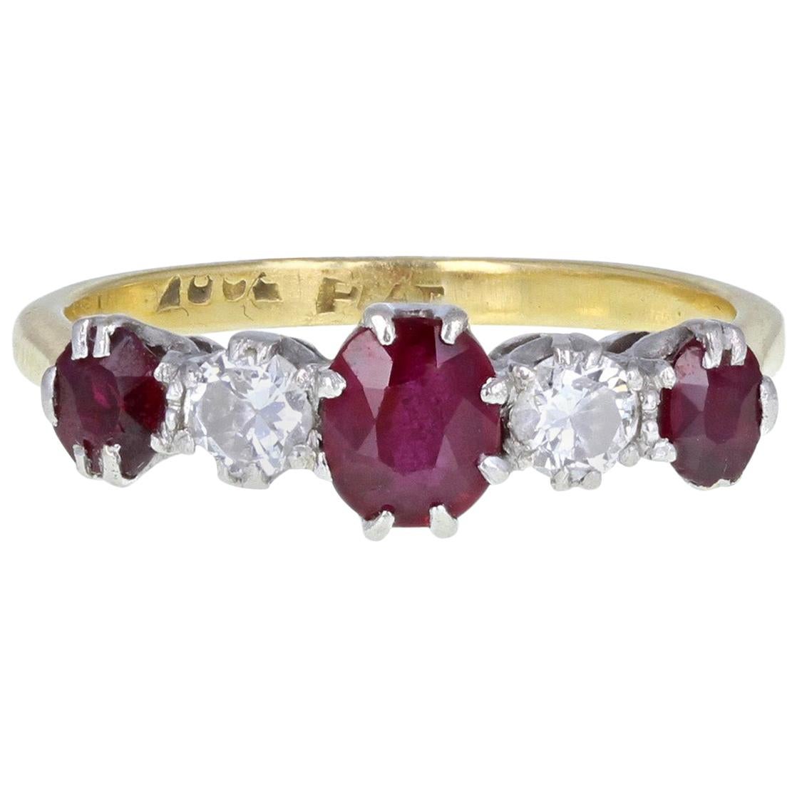 Vintage 18 Carat Platinum Ruby Diamond Five-Stone Ring For Sale