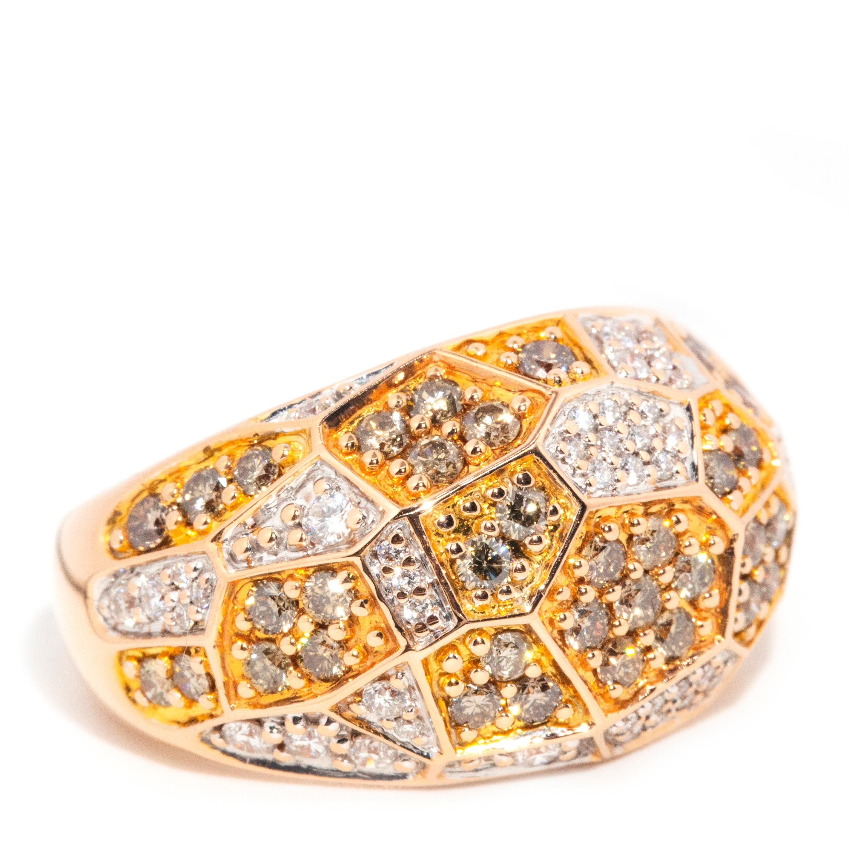 Modern Vintage 18 Carat Rose Gold Cognac & White Diamond Geometrical Domed Cluster Ring For Sale