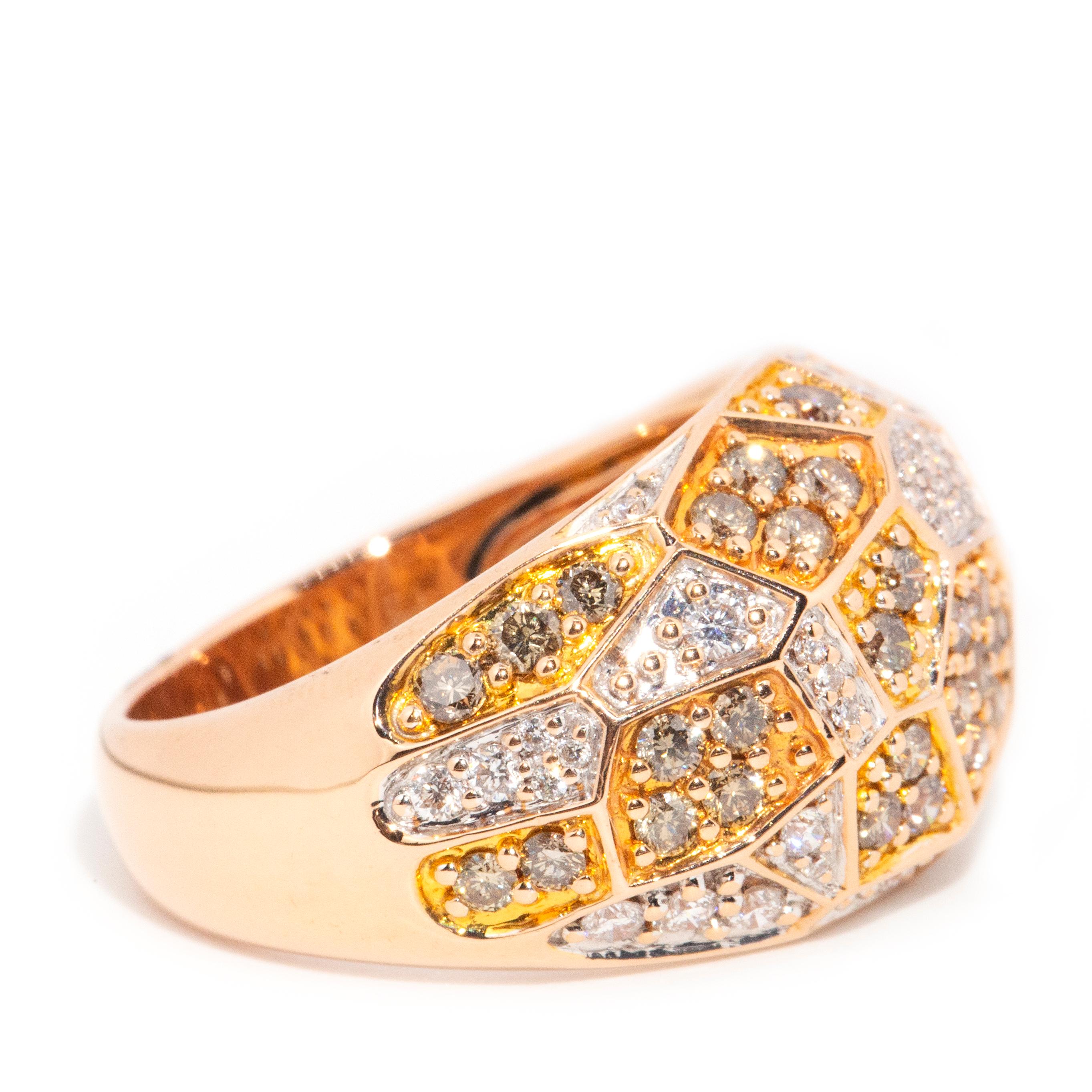 Vintage 18 Carat Rose Gold Cognac & White Diamond Geometrical Domed Cluster Ring In Good Condition For Sale In Hamilton, AU