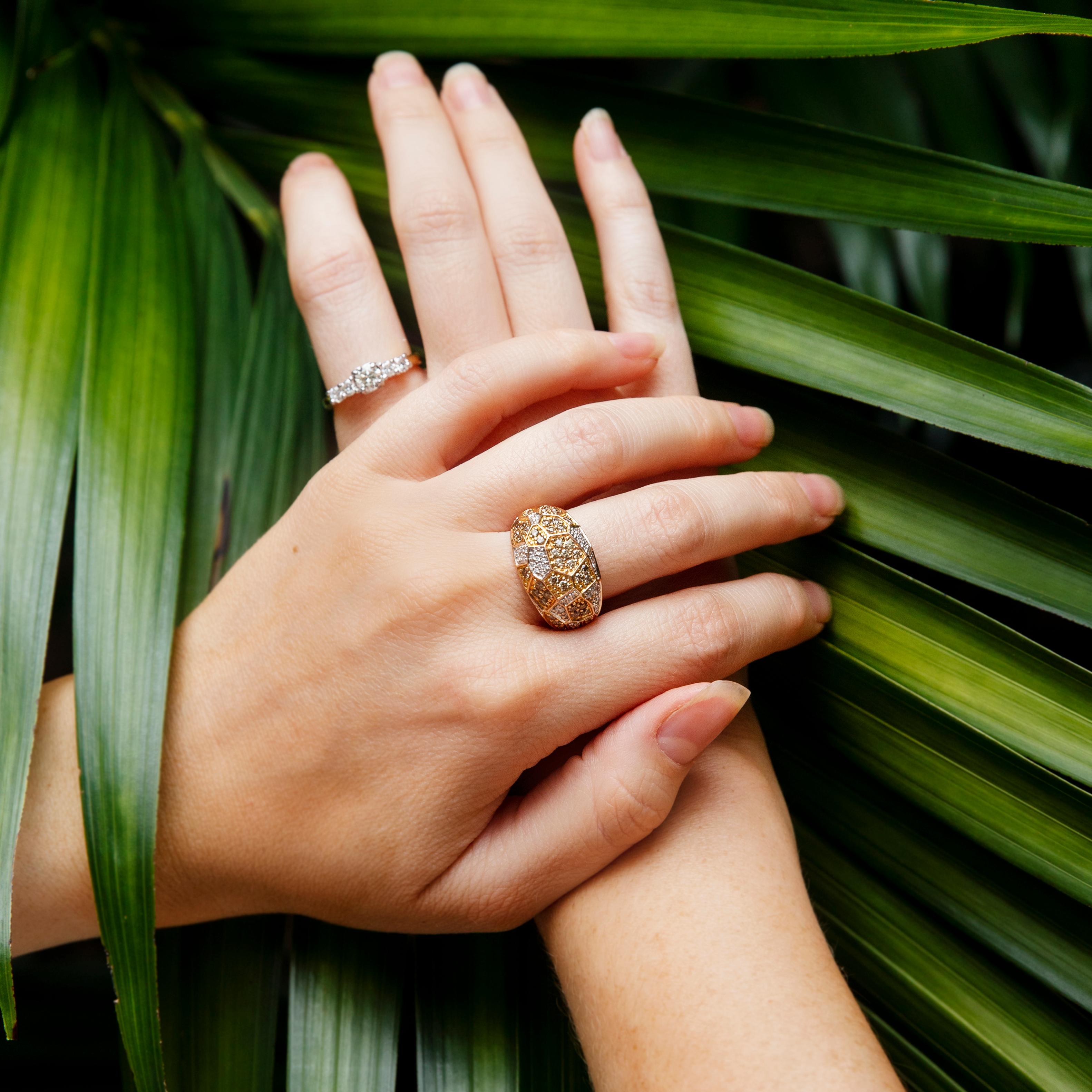 Women's or Men's Vintage 18 Carat Rose Gold Cognac & White Diamond Geometrical Domed Cluster Ring For Sale