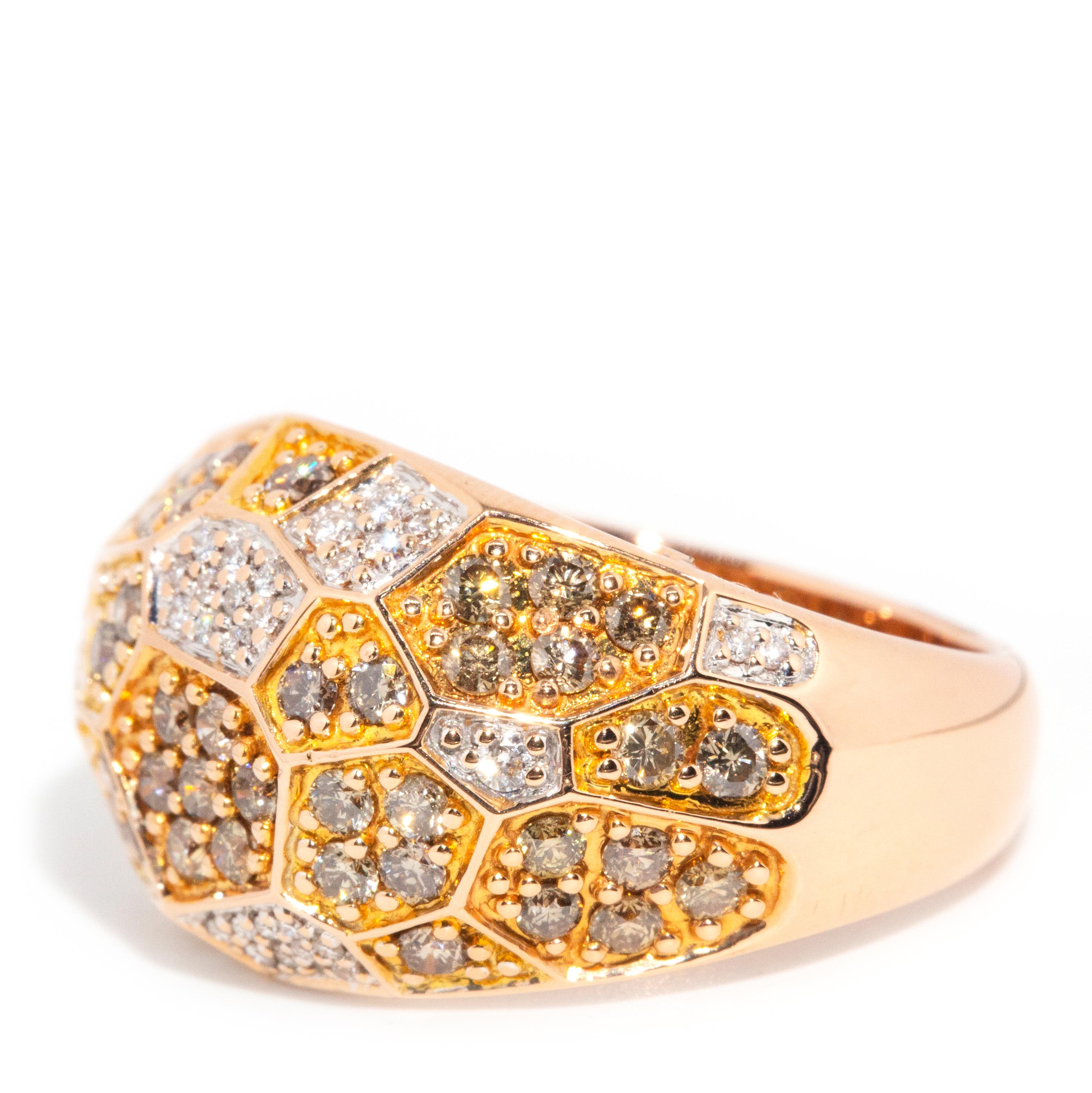 Vintage 18 Carat Rose Gold Cognac & White Diamond Geometrical Domed Cluster Ring For Sale 1