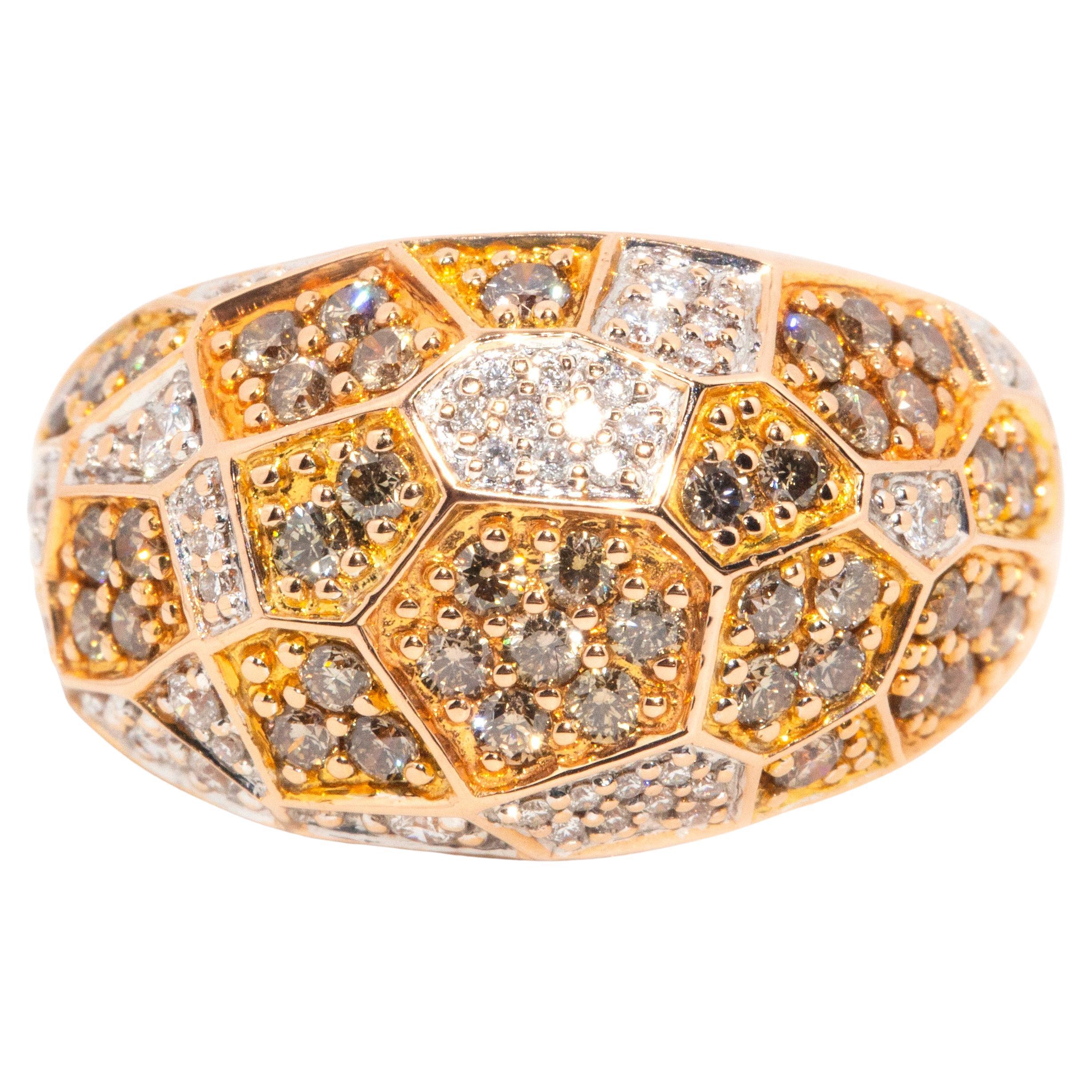 Vintage 18 Carat Rose Gold Cognac & White Diamond Geometrical Domed Cluster Ring For Sale