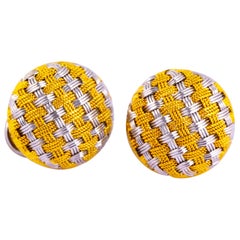 Vintage 18 Carat White and Yellow Gold Basket Weave Stud Earrings