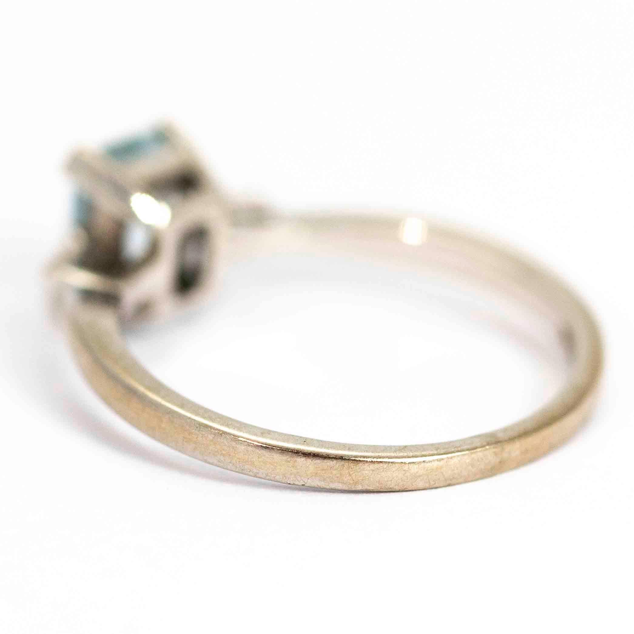 Emerald Cut Vintage 18 Carat White Gold Aquamarine and Diamond Ring