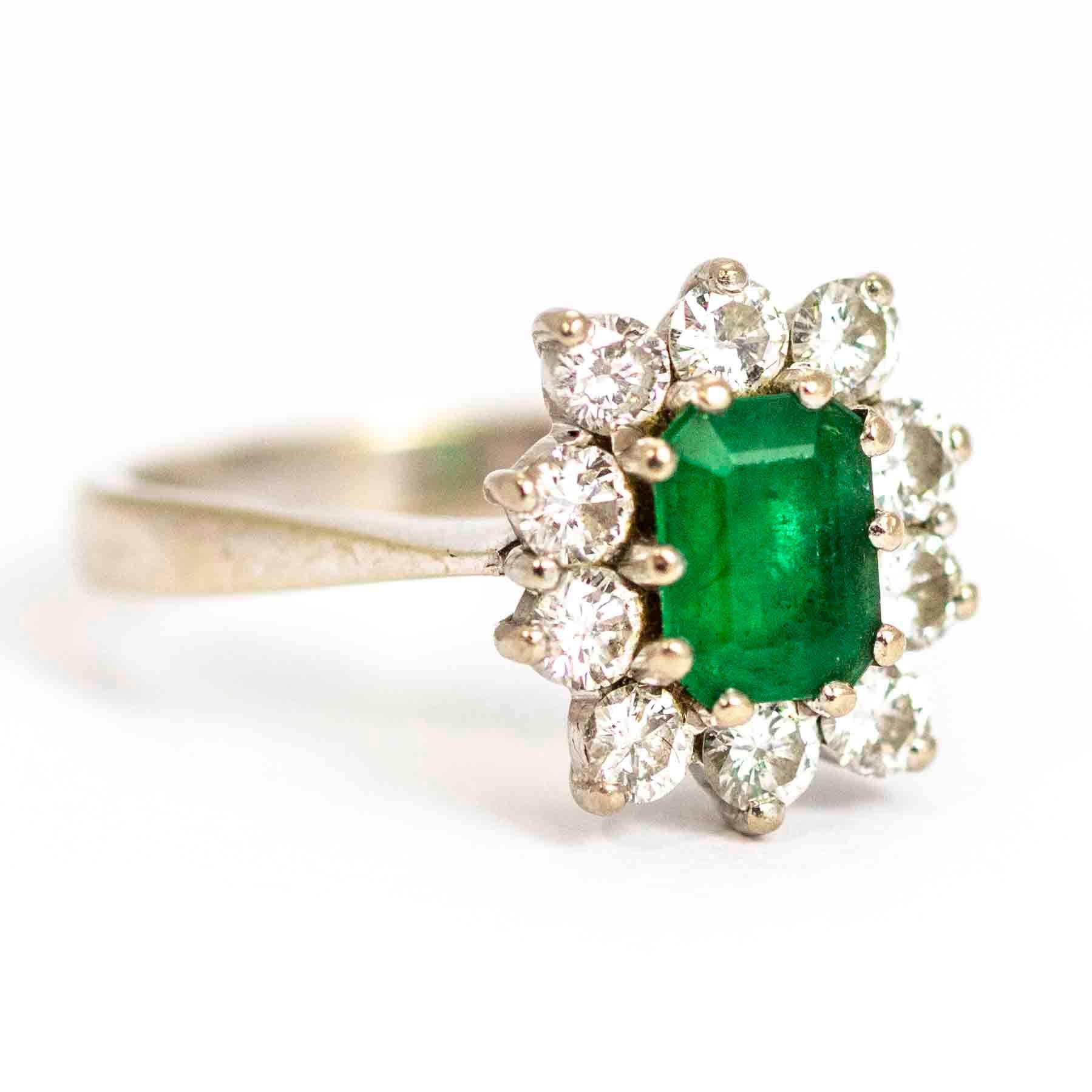 Vintage 18 Carat White Gold Emerald and Diamond Cluster Ring 1