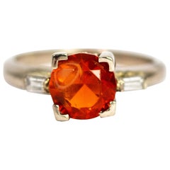 Vintage 18 Carat White Gold Fire Opal and Diamond Solitaire Ring