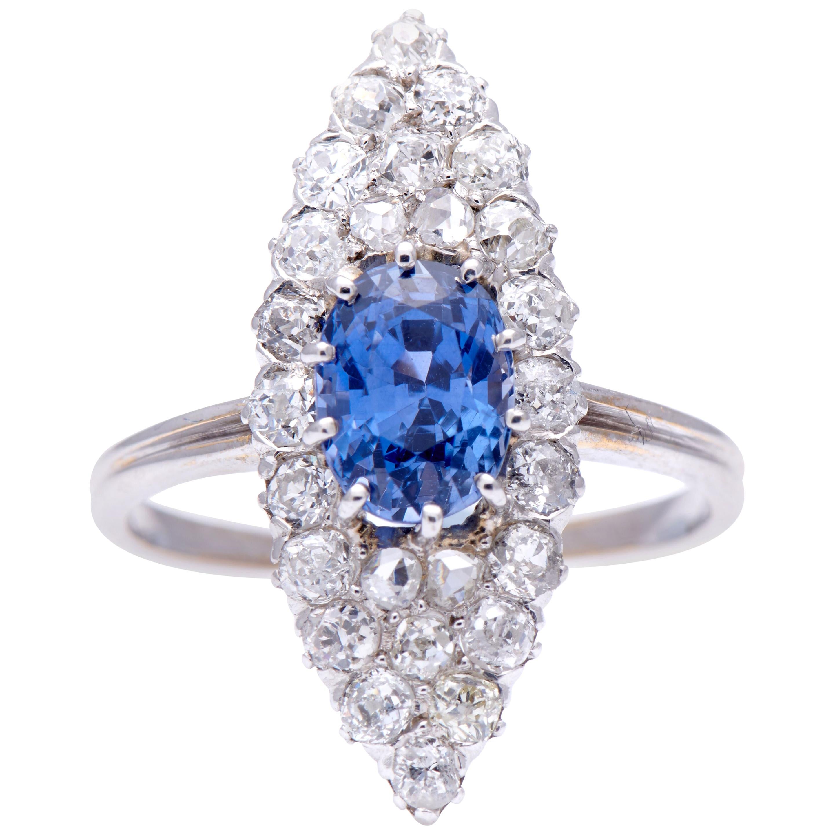 Vintage, 18 Carat White Gold, French, Sapphire and Diamond Ring For