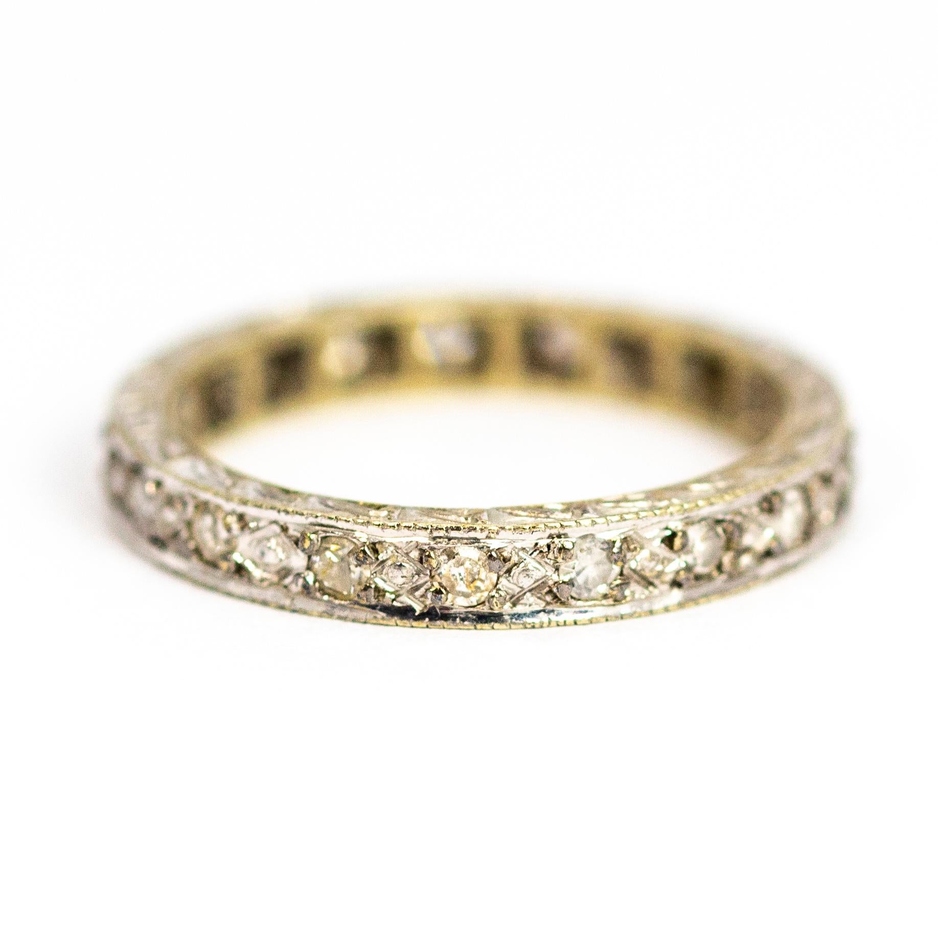 A beautiful vintage eternity band fully set with stunning round cut white diamonds. Modelled in 18 carat white gold.

Band Width: 2.78mm

Depth to Finger: 1.98mm

Ring Size: UK K, US 5 1/2