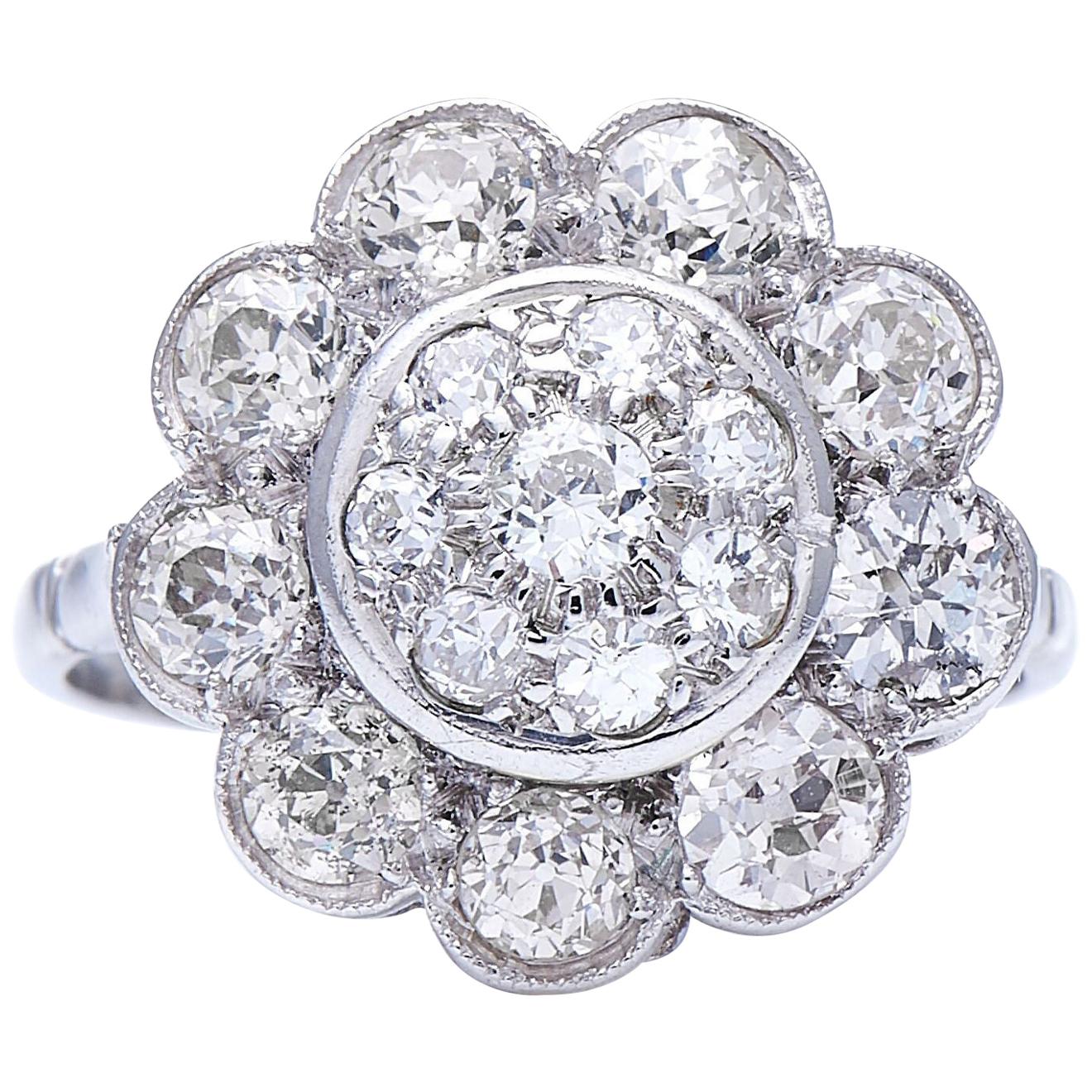 Vintage, 18 Carat White Gold, Large Floral Diamond Cluster Ring For Sale