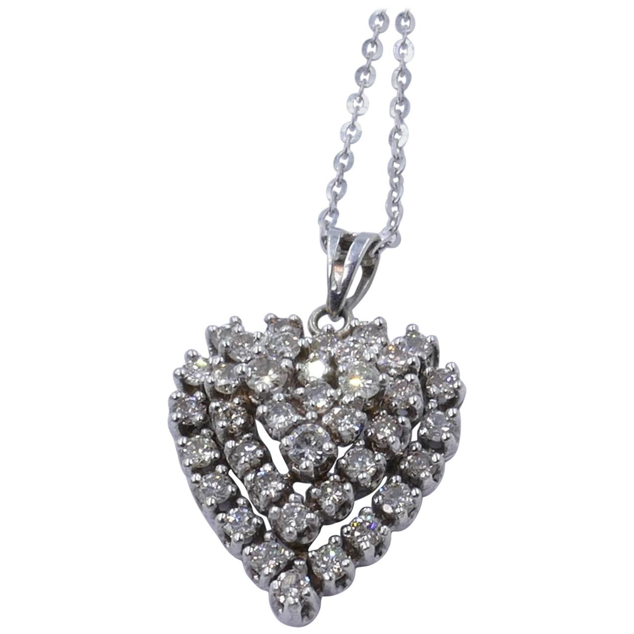 Vintage 18 Carat White Gold Multi Diamond Heart Pendant on 18 Carat Chain