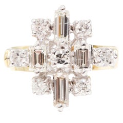 Vintage 18 Carat Yellow and White Gold Diamond Cluster Engagement Cocktail Ring