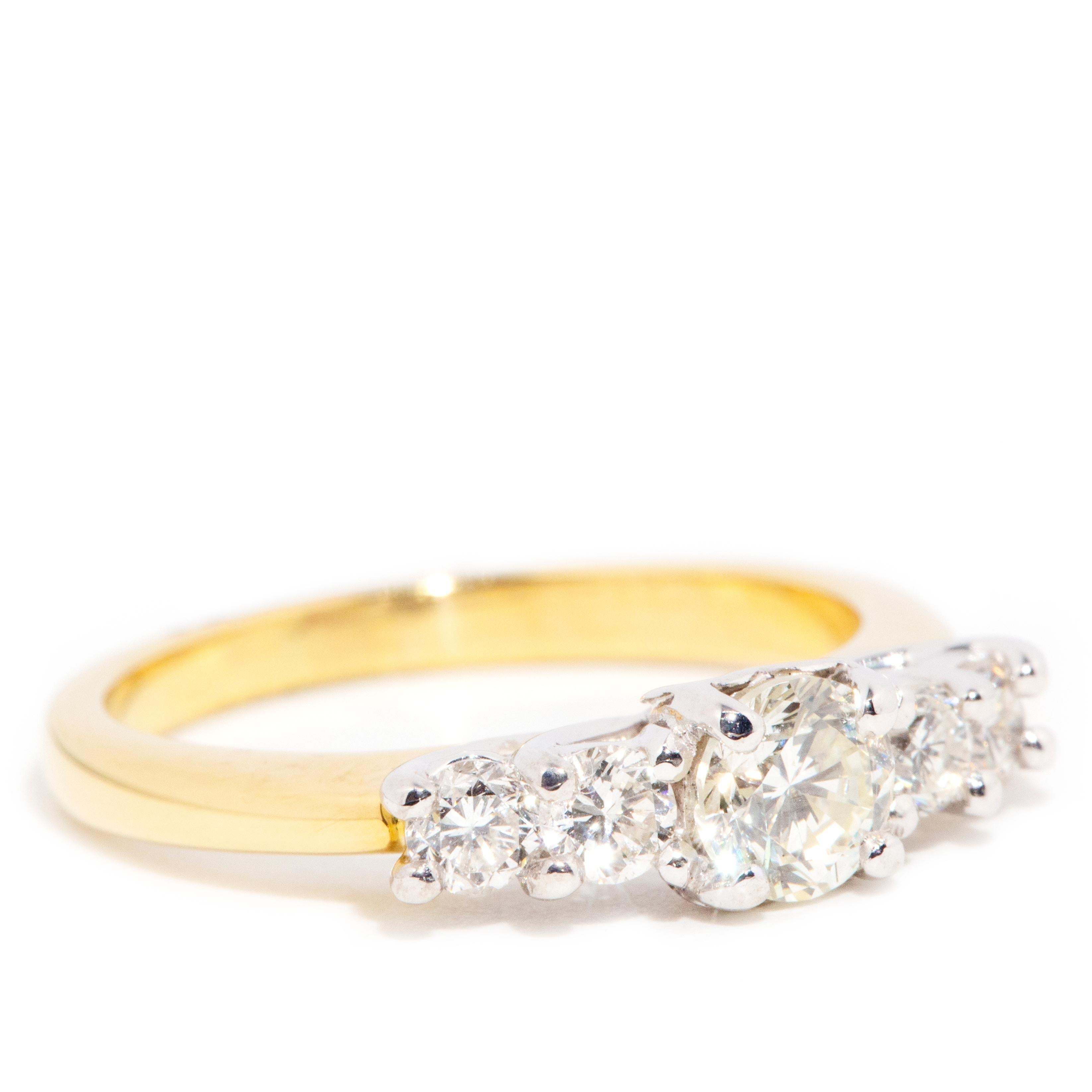 Round Cut Vintage 18 Carat Yellow and White Gold Five Stone Trellis Setting Diamond Ring For Sale