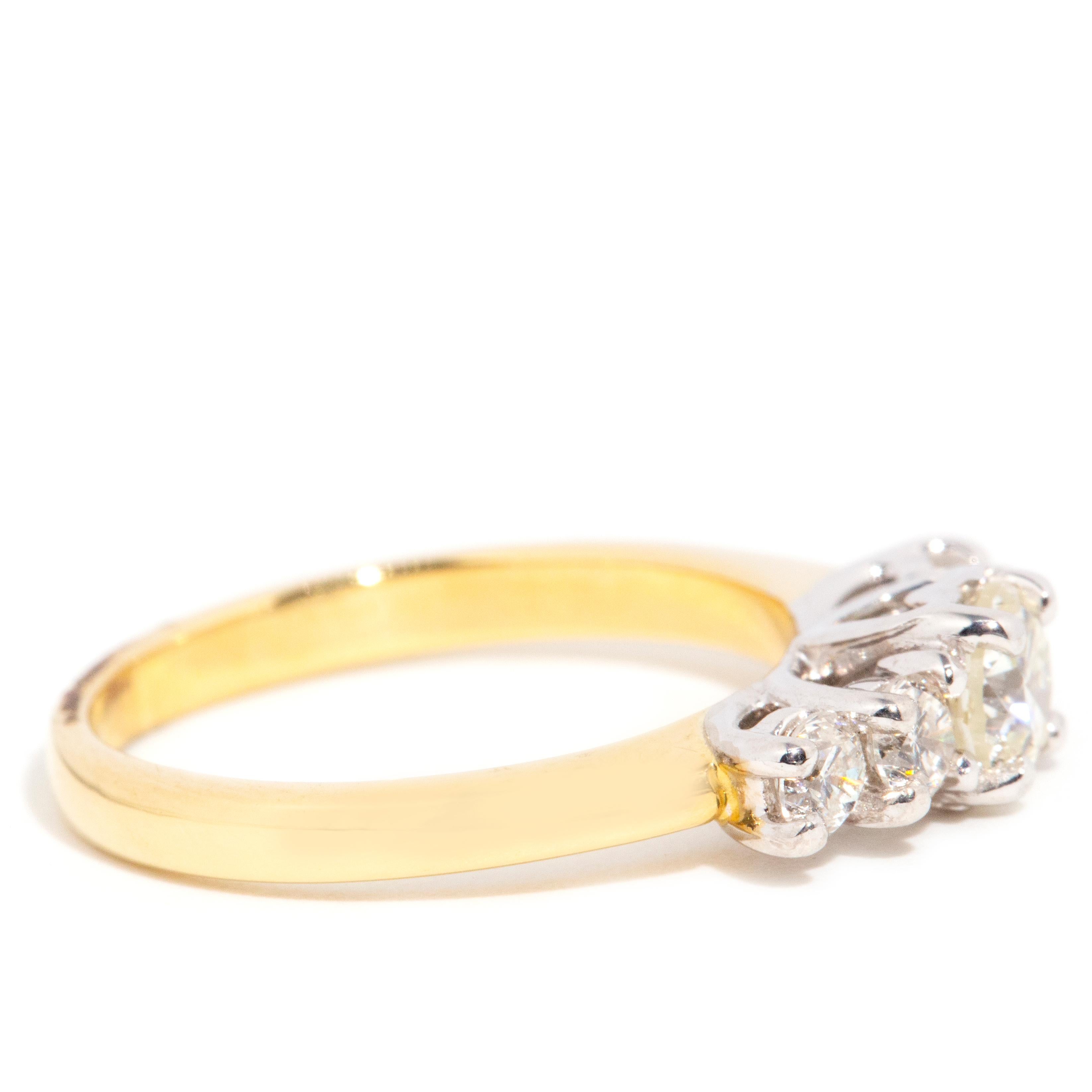 Women's Vintage 18 Carat Yellow and White Gold Five Stone Trellis Setting Diamond Ring For Sale