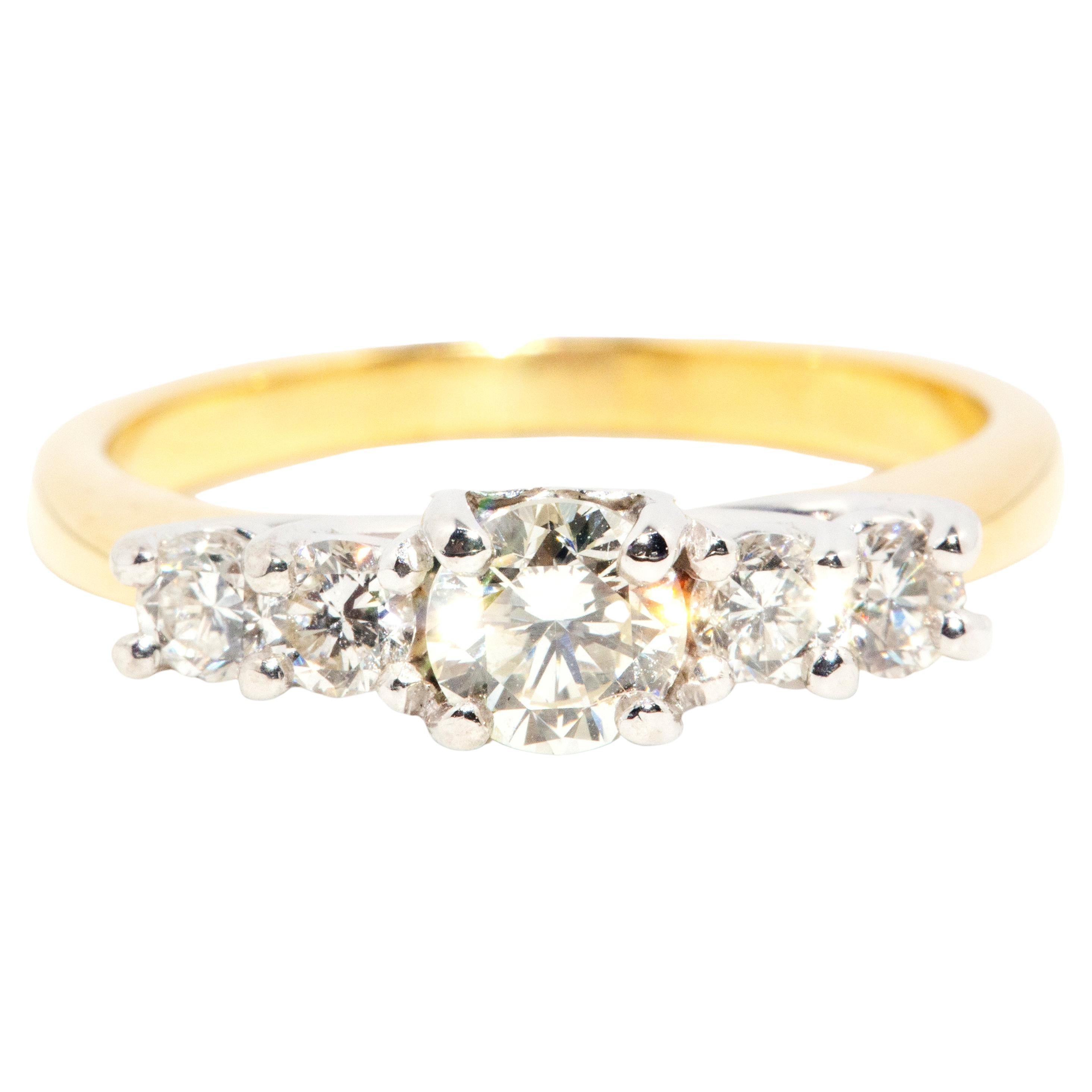 Vintage 18 Carat Yellow and White Gold Five Stone Trellis Setting Diamond Ring