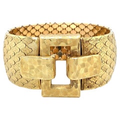 Vintage 18 Carat Yellow Gold Articulated Buckle Honeycomb Wide Cuff Bracelet