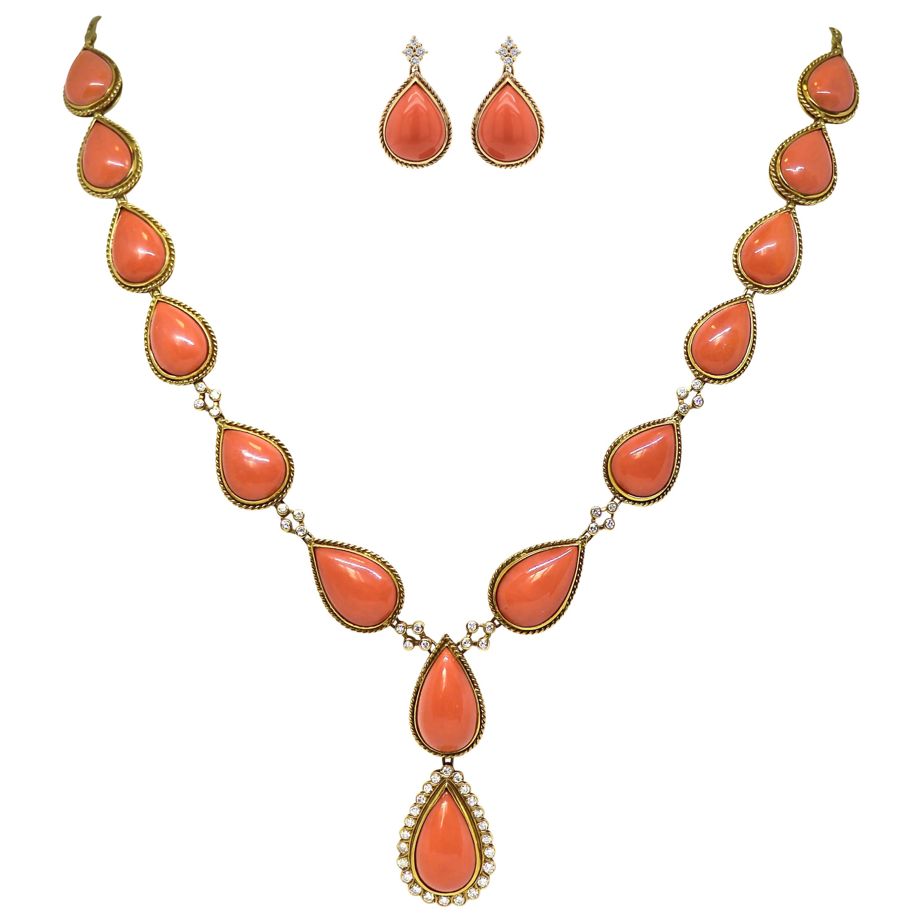 Vintage 18 Carat Yellow Gold Coral and Diamond Necklace and Earring Set