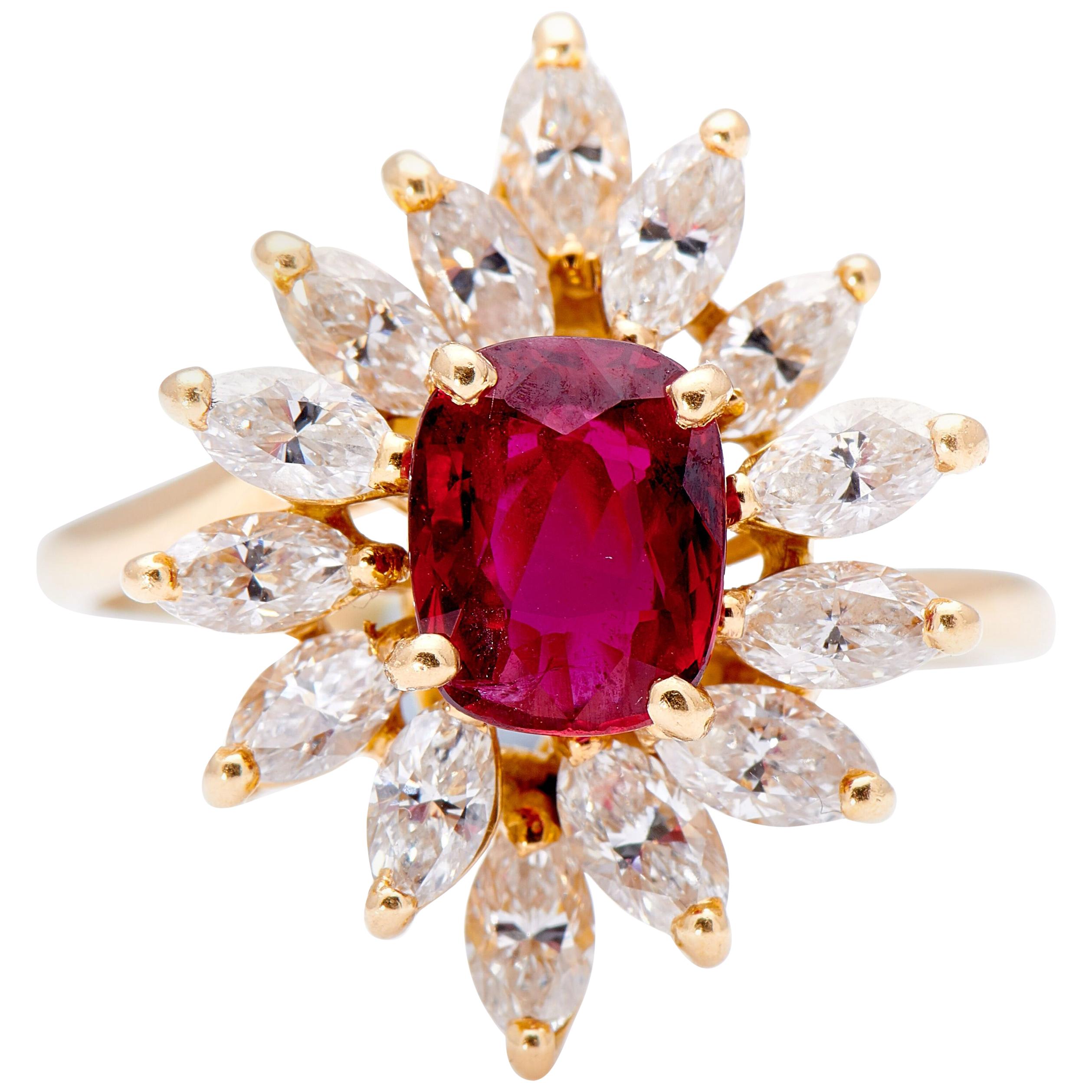 Vintage, 18 Carat Yellow Gold, Natural Certified Ruby and Diamond Cluster Ring