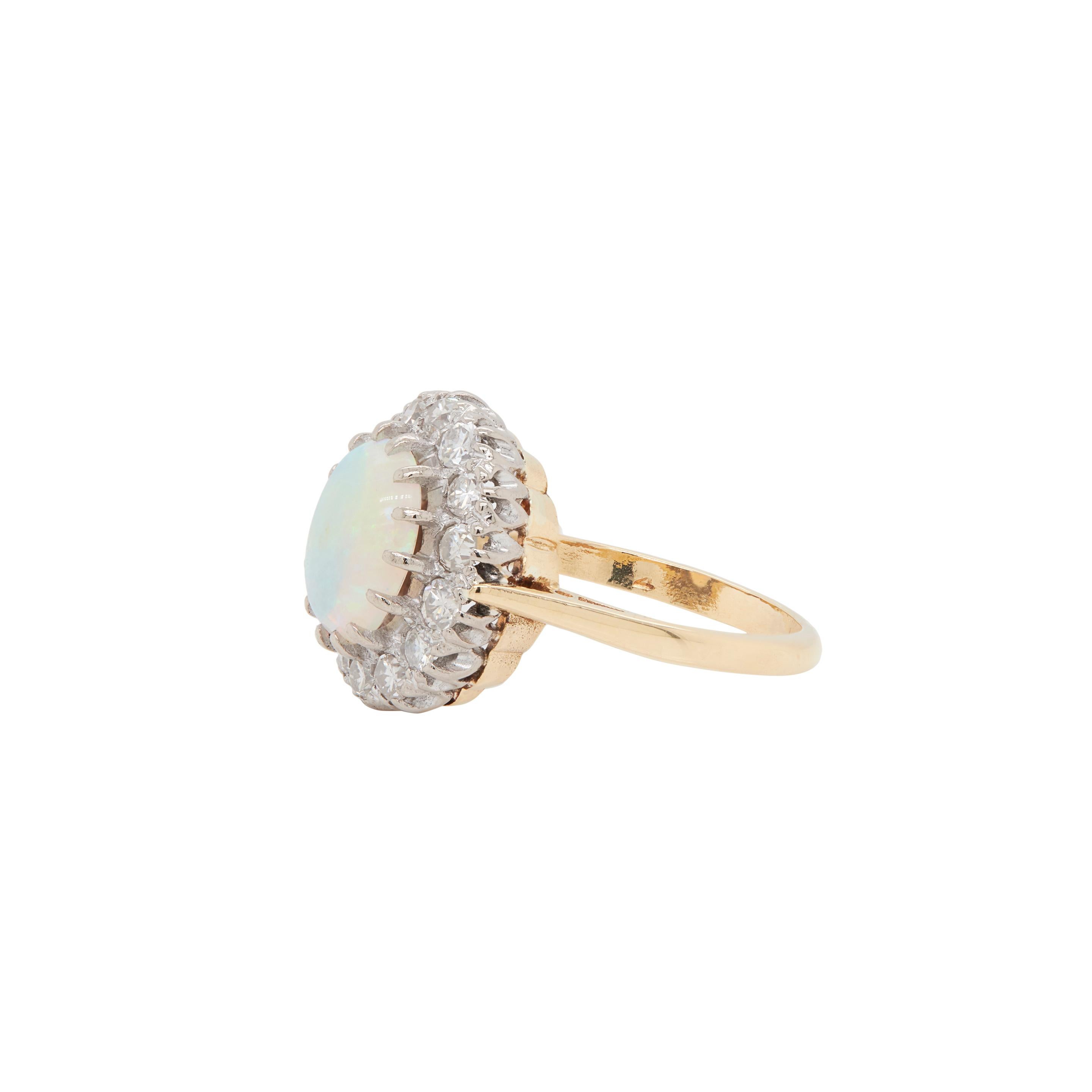 Modern Vintage 18 Carat Yellow Gold Oval Opal and Diamond Cluster Ring For Sale