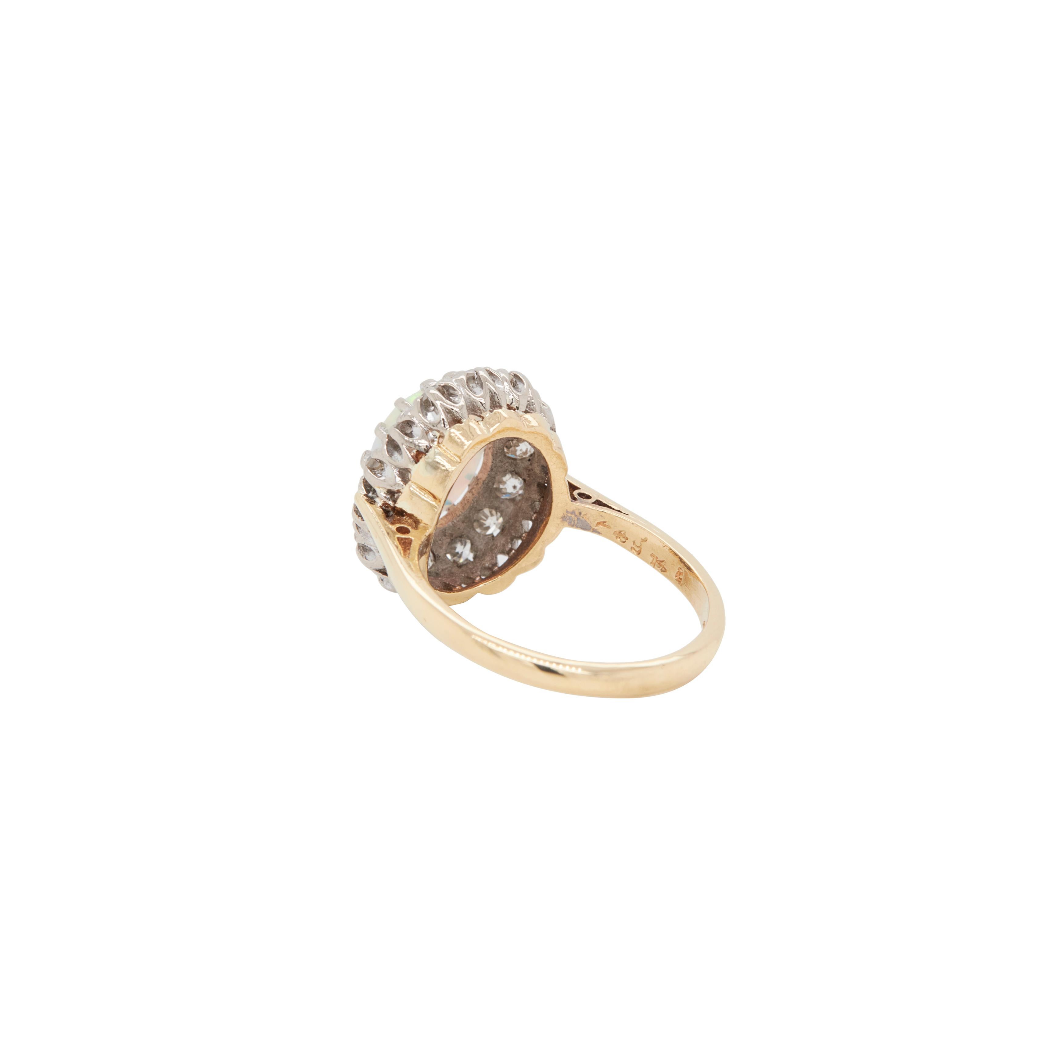 Oval Cut Vintage 18 Carat Yellow Gold Oval Opal and Diamond Cluster Ring For Sale