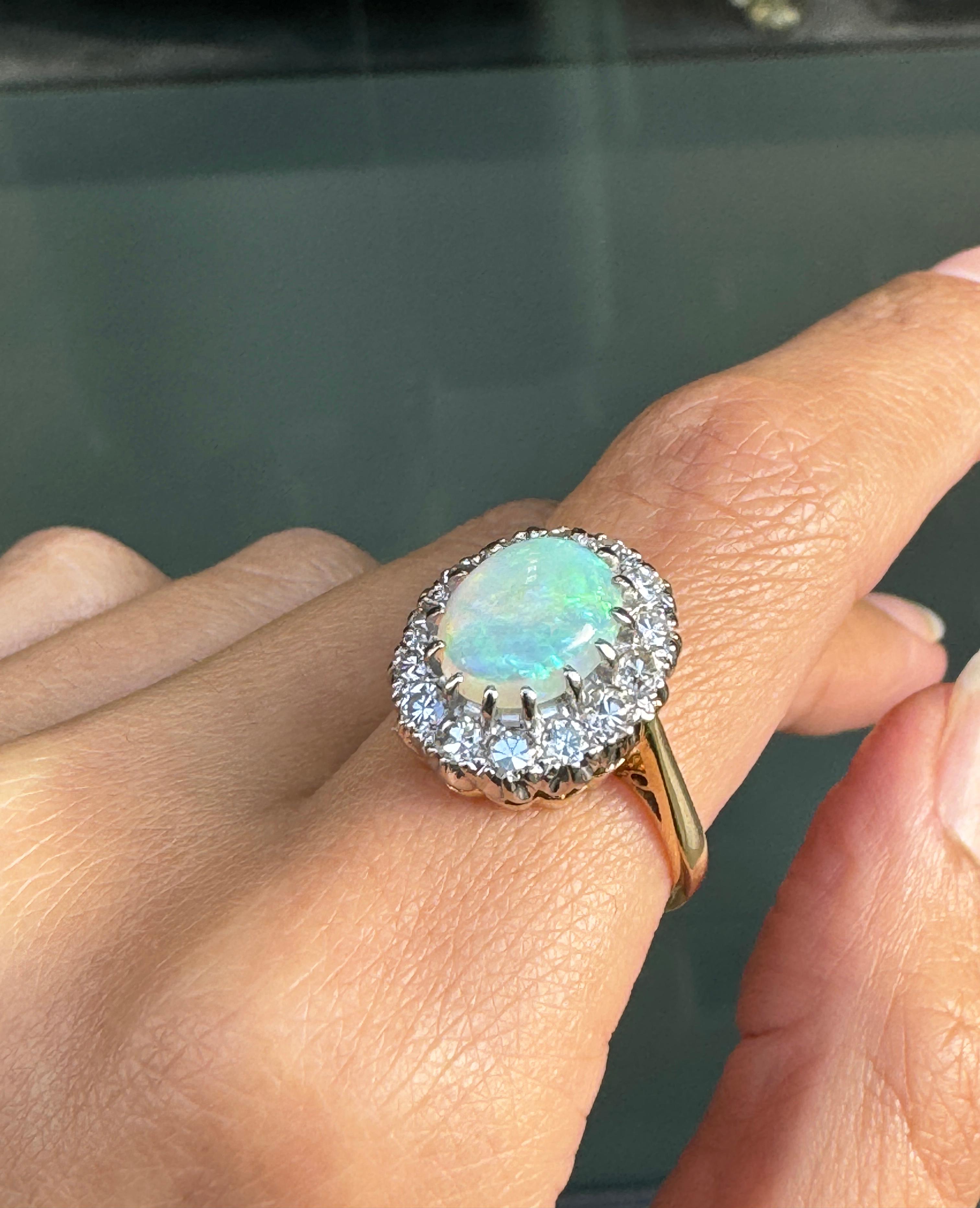 Vintage 18 Carat Yellow Gold Oval Opal and Diamond Cluster Ring For Sale 1