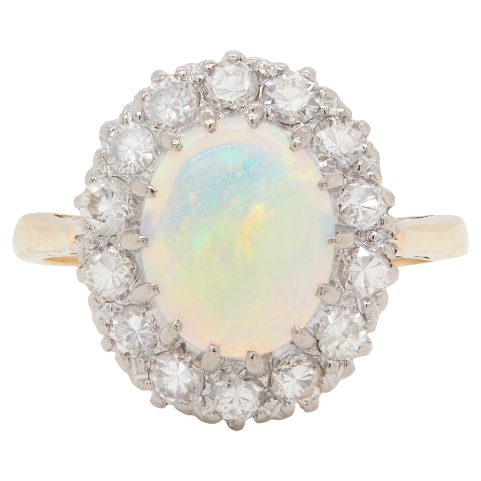 Vintage 18 Carat Yellow Gold Oval Opal and Diamond Cluster Ring For Sale