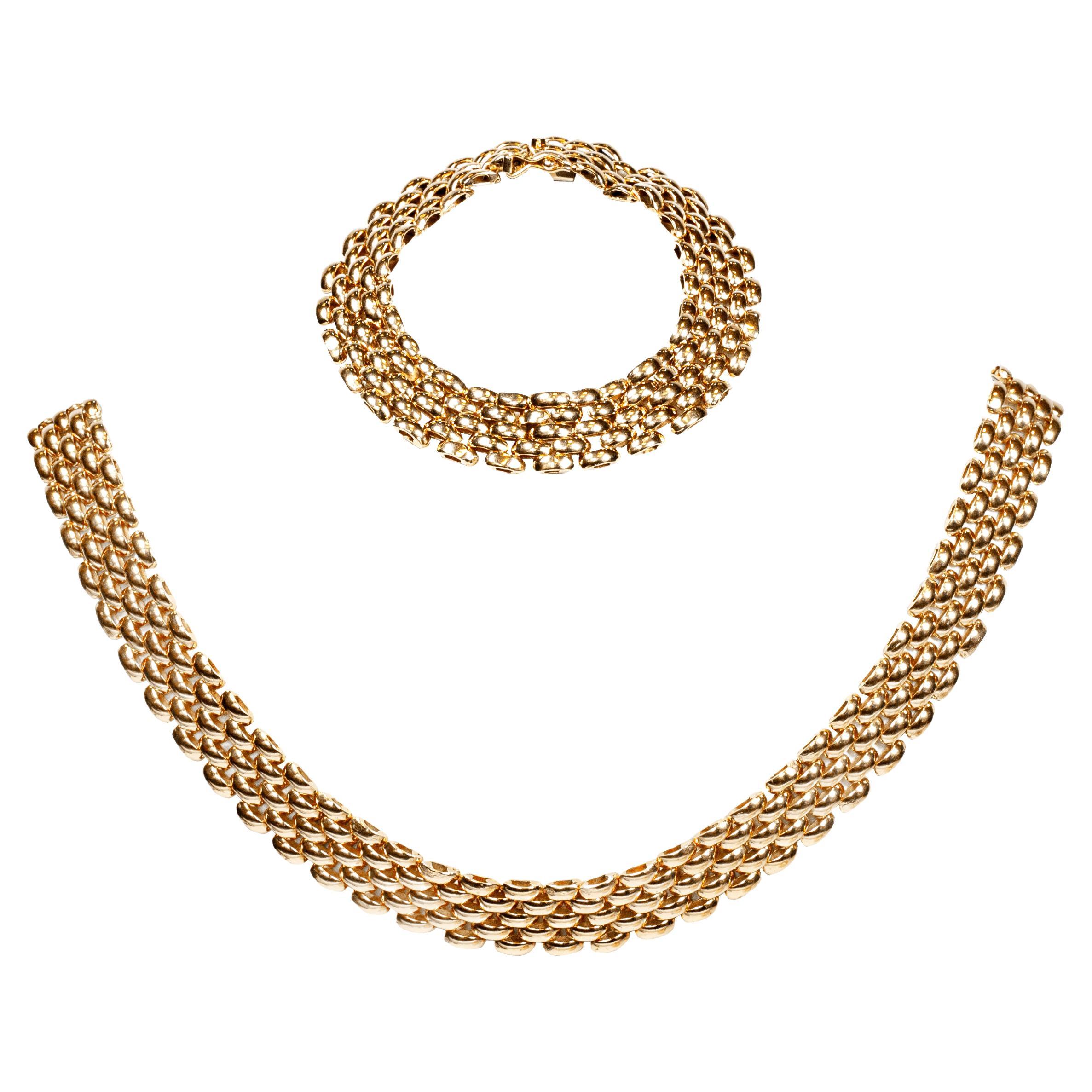 Bracelet et collier plat vintage à larges maillons de panthère en or jaune 18 carats