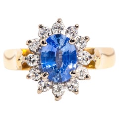 Vintage 18 Carat Yellow & White Gold Ceylon Type Blue Sapphire Diamond Halo Ring