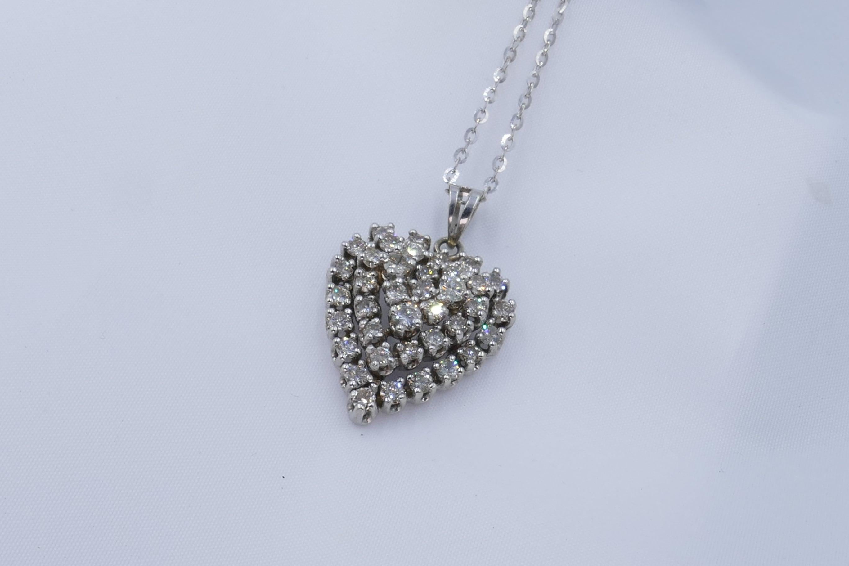 Retro Vintage 18 Carat White Gold Multi Diamond Heart Pendant on 18 Carat Chain