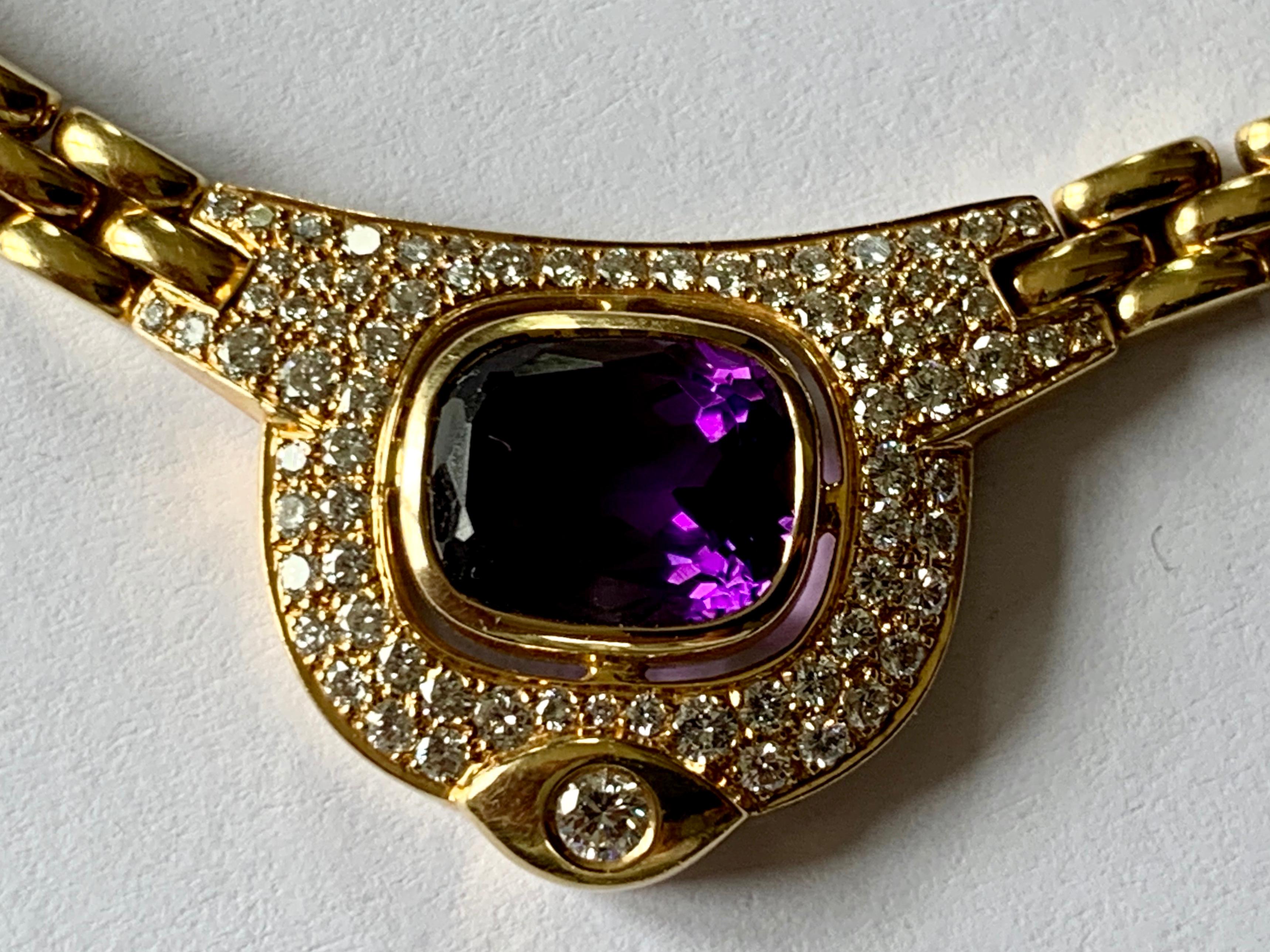 Vintage 18 K Gold Link Chain Necklace with Amethyst and Diamonds by Kurz Zurich For Sale 4