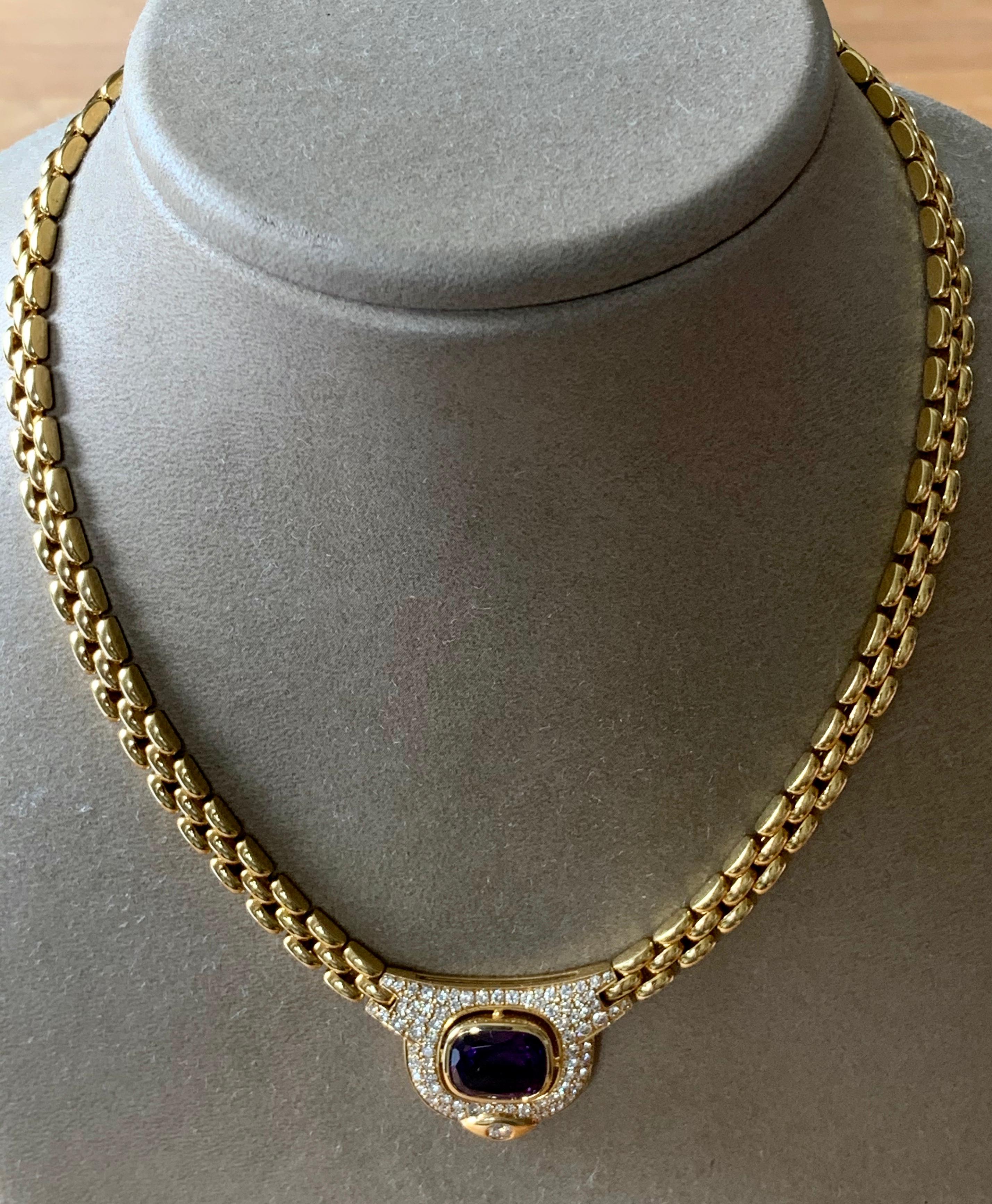 Contemporary Vintage 18 K Gold Link Chain Necklace with Amethyst and Diamonds by Kurz Zurich For Sale