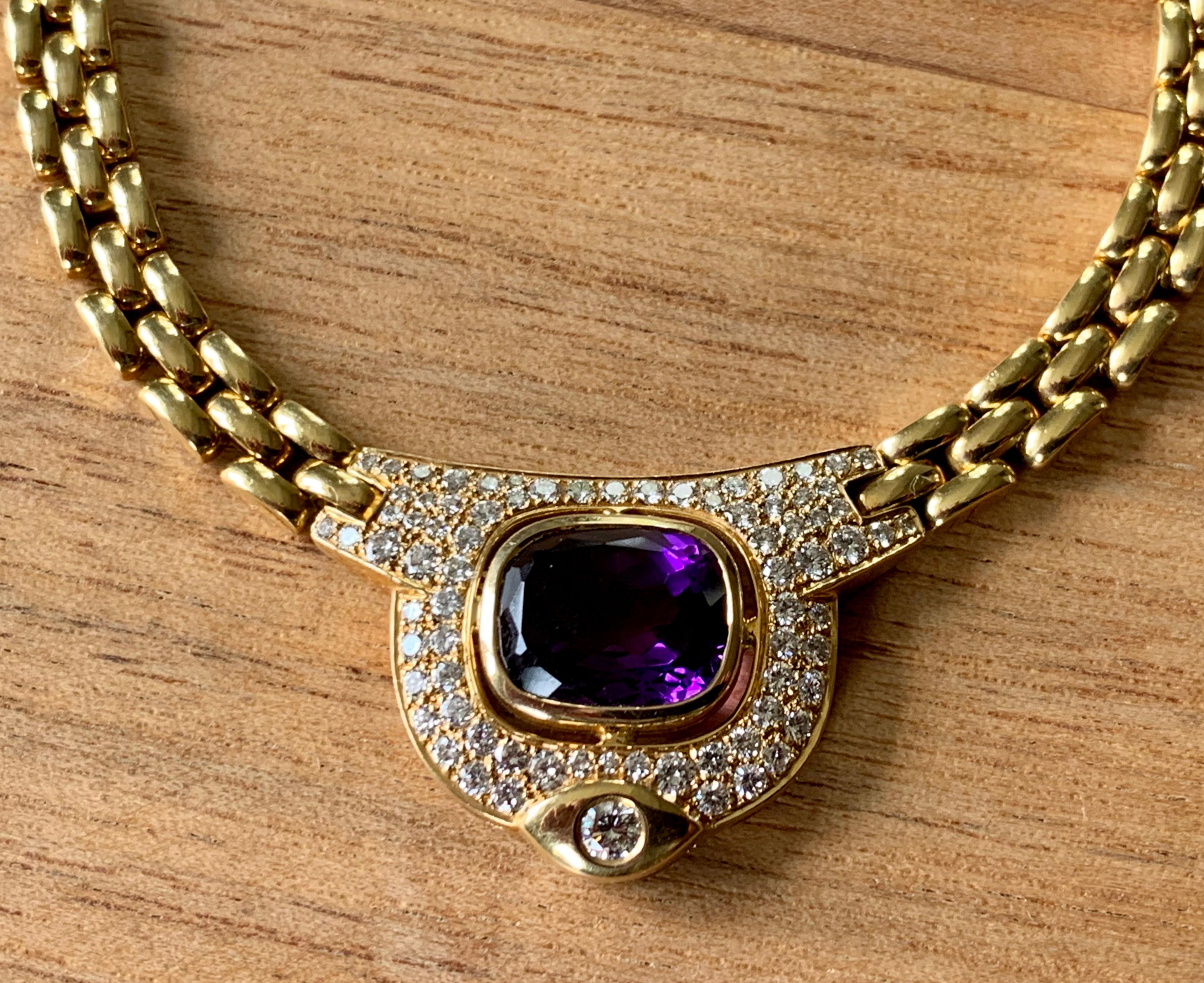 Women's or Men's Vintage 18 K Gold Link Chain Necklace with Amethyst and Diamonds by Kurz Zurich For Sale