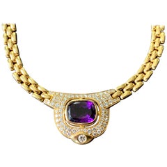 Vintage 18 K Gold Link Chain Necklace with Amethyst and Diamonds by Kurz Zurich