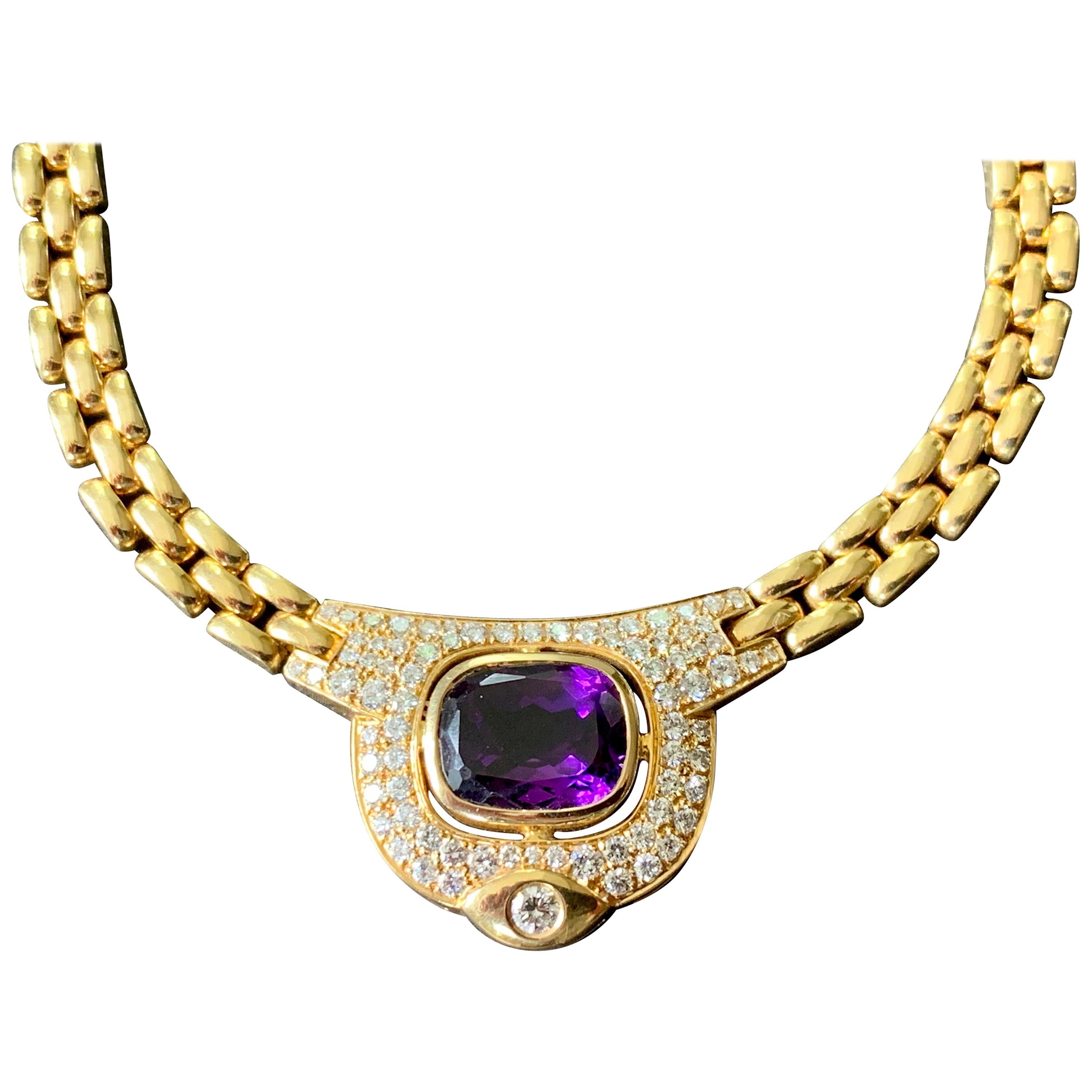 Vintage 18 K Gold Link Chain Necklace with Amethyst and Diamonds by Kurz Zurich For Sale