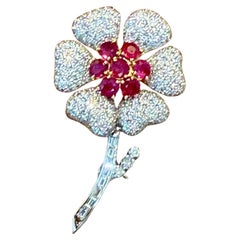 Vintage 18 K weiß und gelb Gold Rubin Diamant Blume Brosche