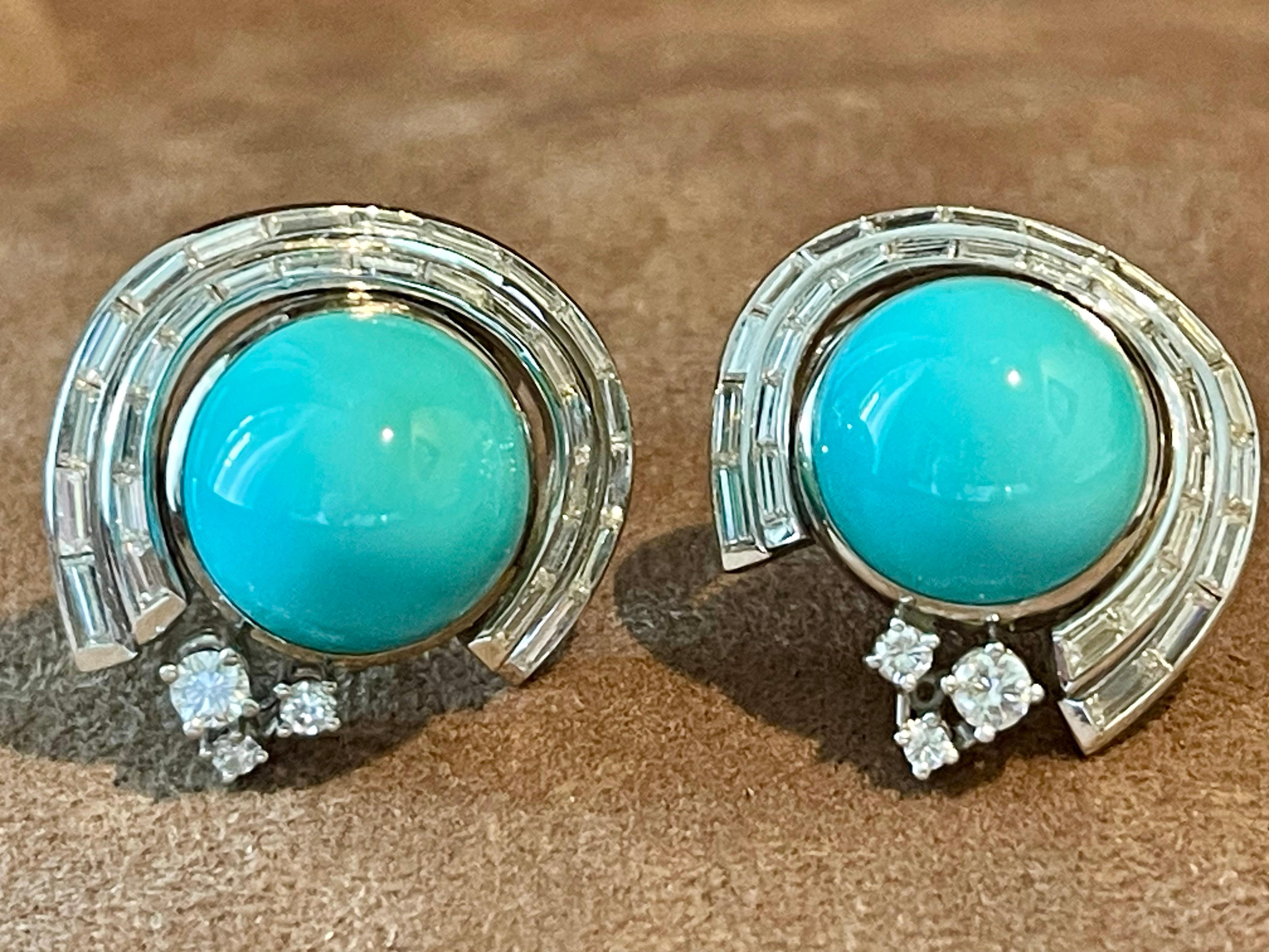 Vintage 18 K white Gold Paul Binder earclips Turquoise and Diamonds For Sale 4