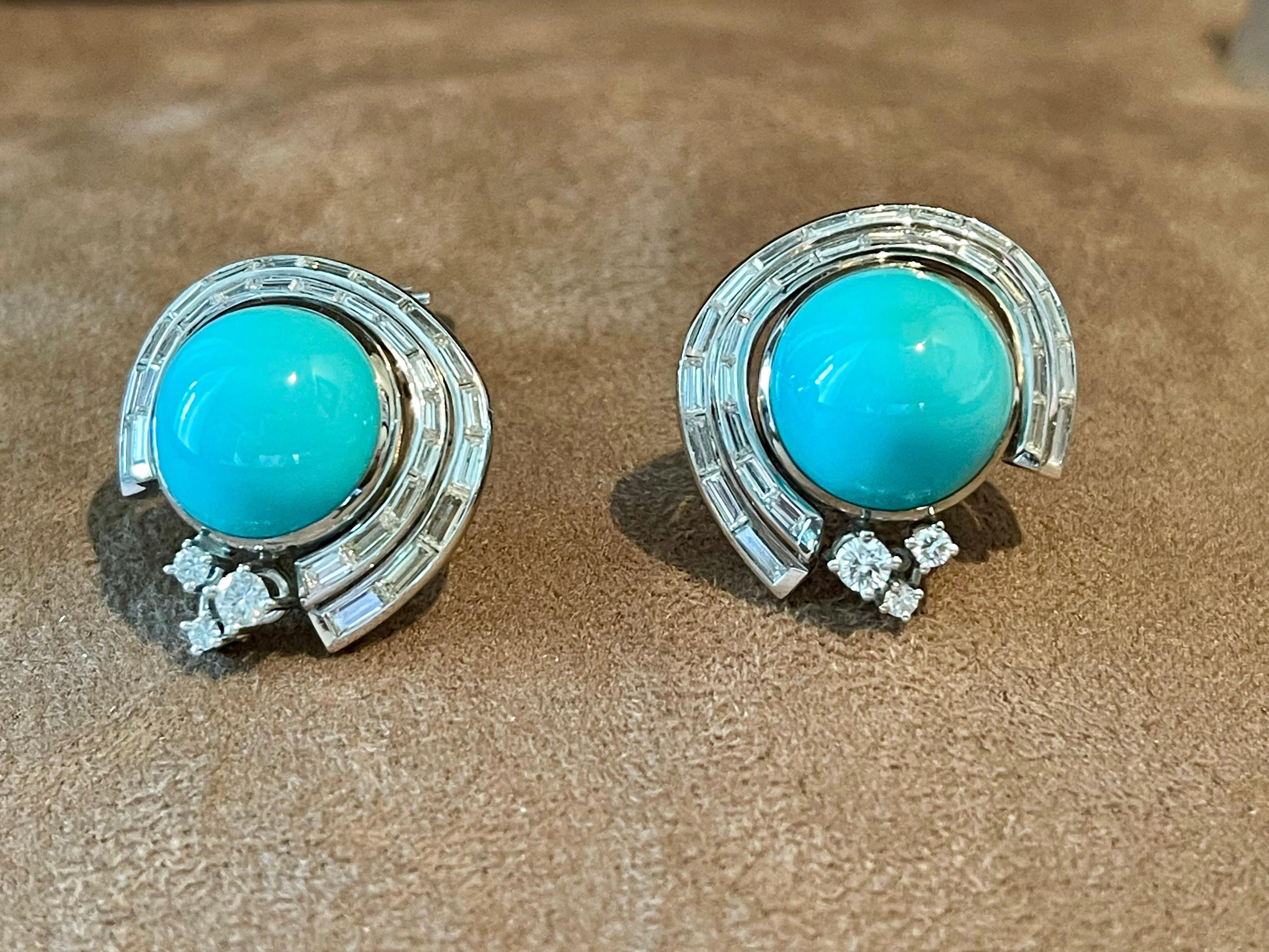 Contemporary Vintage 18 K white Gold Paul Binder earclips Turquoise and Diamonds For Sale