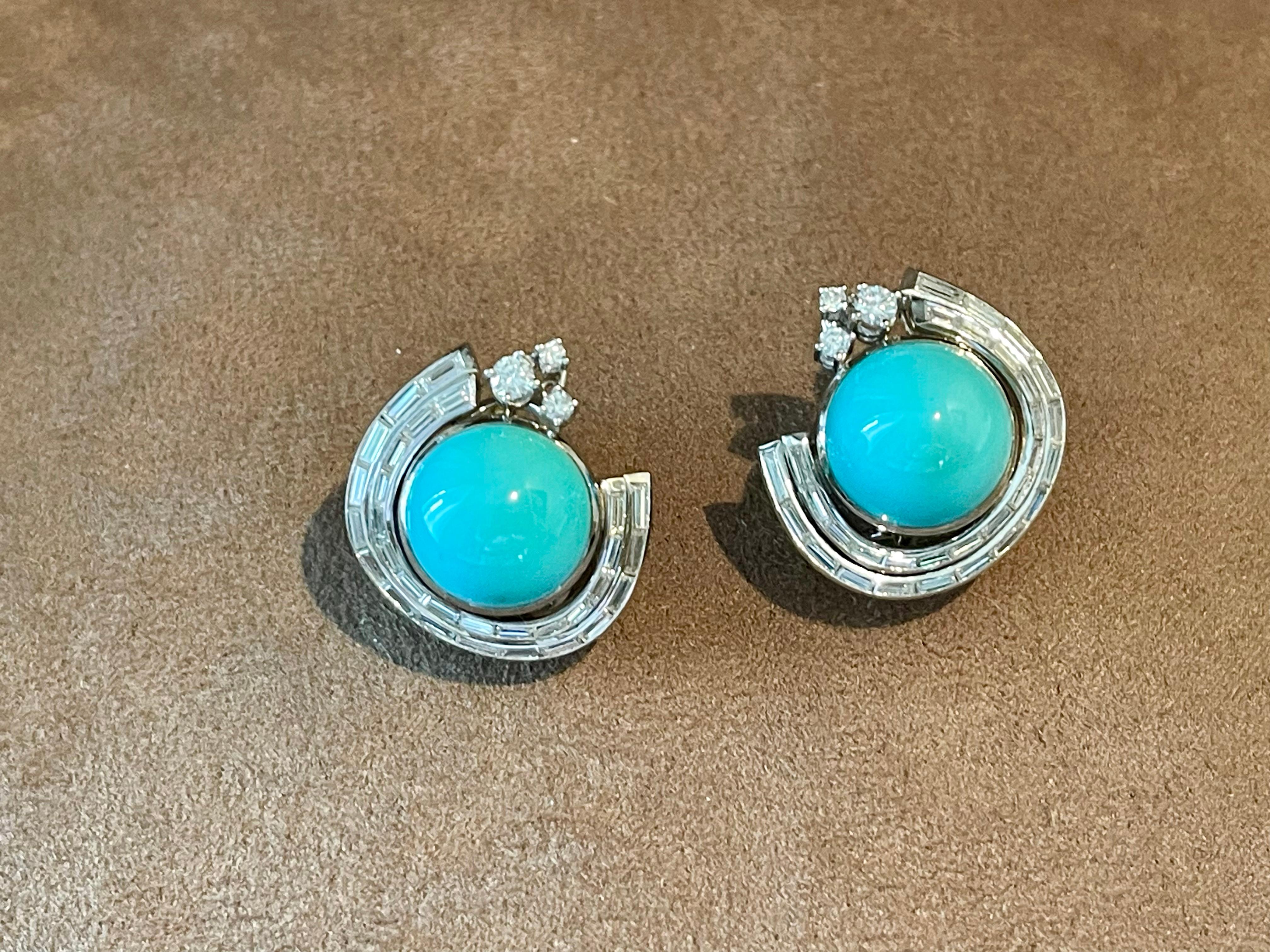 Baguette Cut Vintage 18 K white Gold Paul Binder earclips Turquoise and Diamonds For Sale