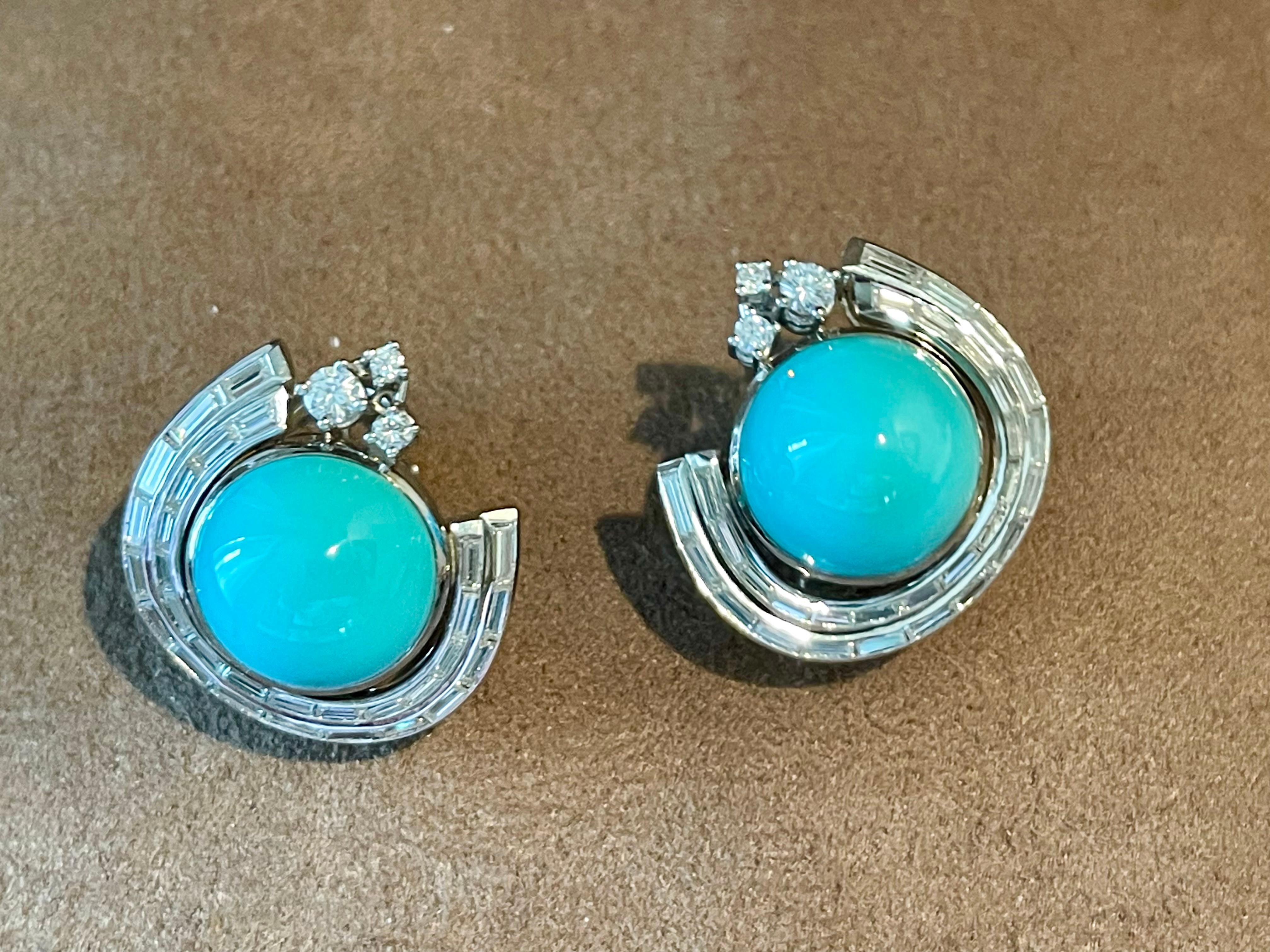 Vintage 18 K white Gold Paul Binder earclips Turquoise and Diamonds In Good Condition For Sale In Zurich, Zollstrasse
