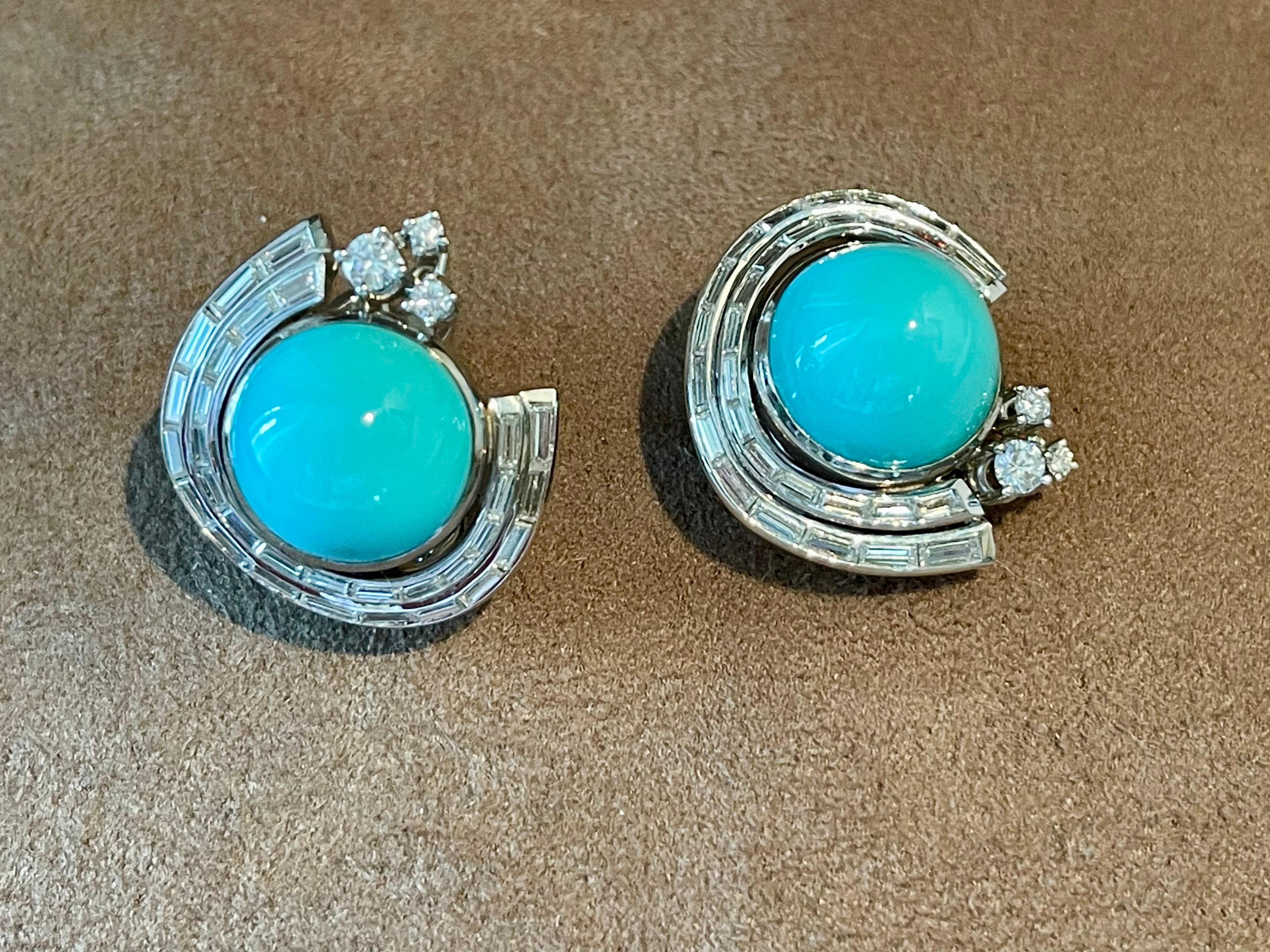 Women's Vintage 18 K white Gold Paul Binder earclips Turquoise and Diamonds For Sale